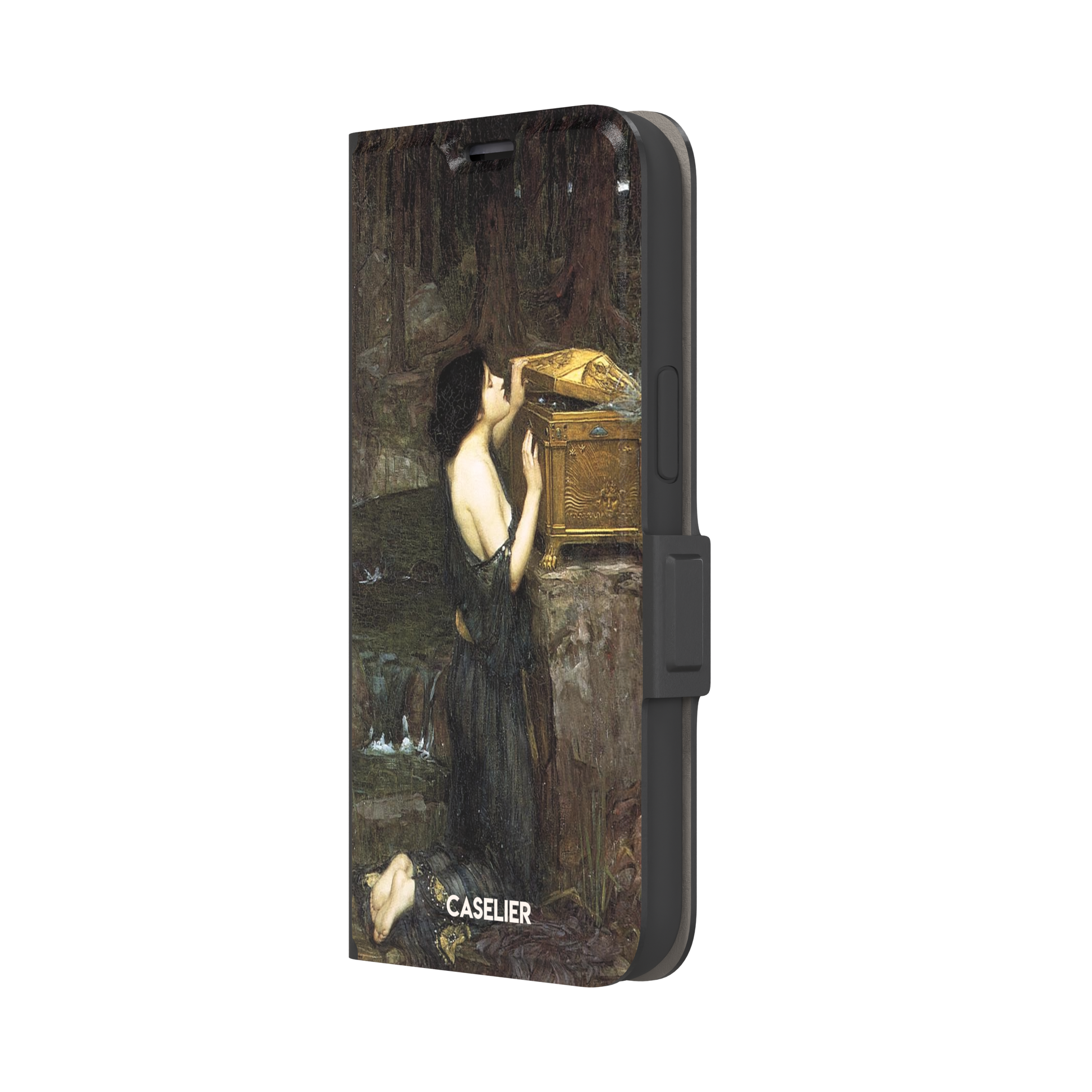 Pandora by John William Waterhouse phone case showing a dark-robed woman opening a golden casket in earthy greens and browns, Pre-Raphaelite oil painting style, phone case by Caselier — wallet case, right view