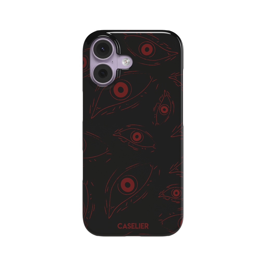 Paranoia phone case in black with all-over deep red hand-drawn staring eyes and sharp angular lashes, color variant, phone case by Caselier — snap case, front view