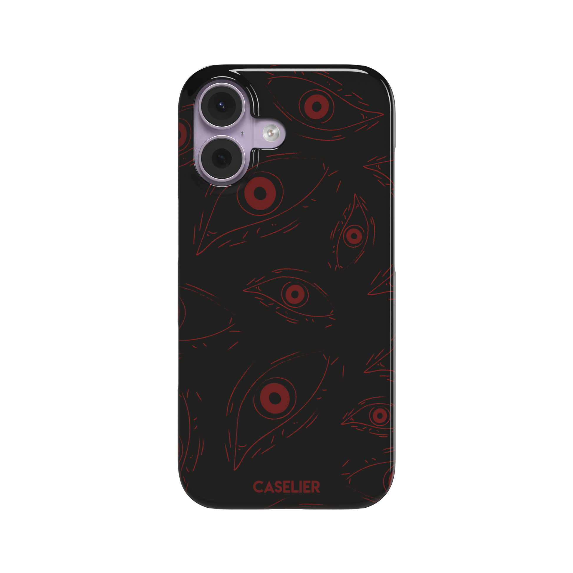 Paranoia phone case in black with all-over deep red hand-drawn staring eyes and sharp angular lashes, color variant, phone case by Caselier — snap case, front view