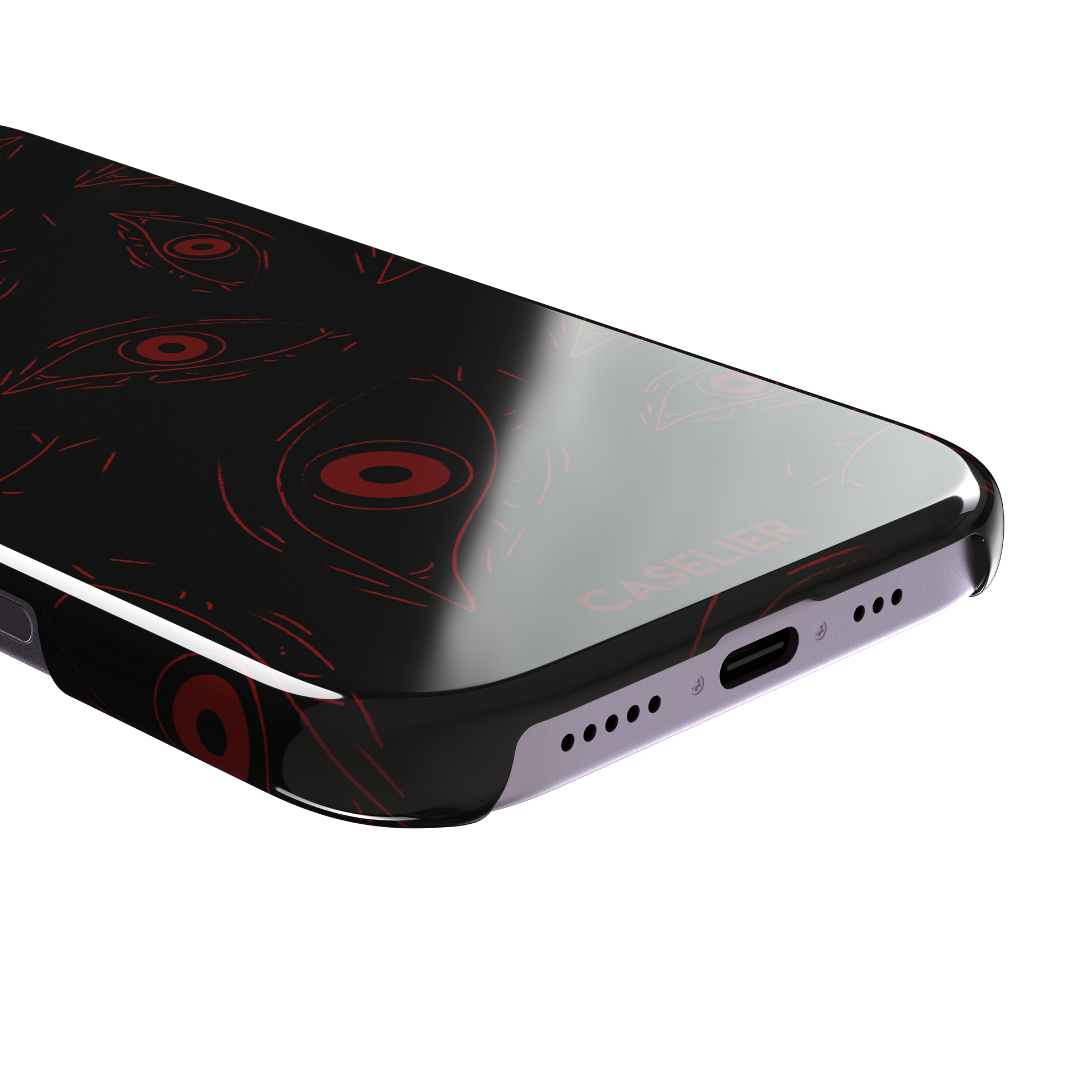 Paranoia phone case in black with all-over deep red hand-drawn staring eyes and sharp angular lashes, color variant, phone case by Caselier — snap case, charging port detail