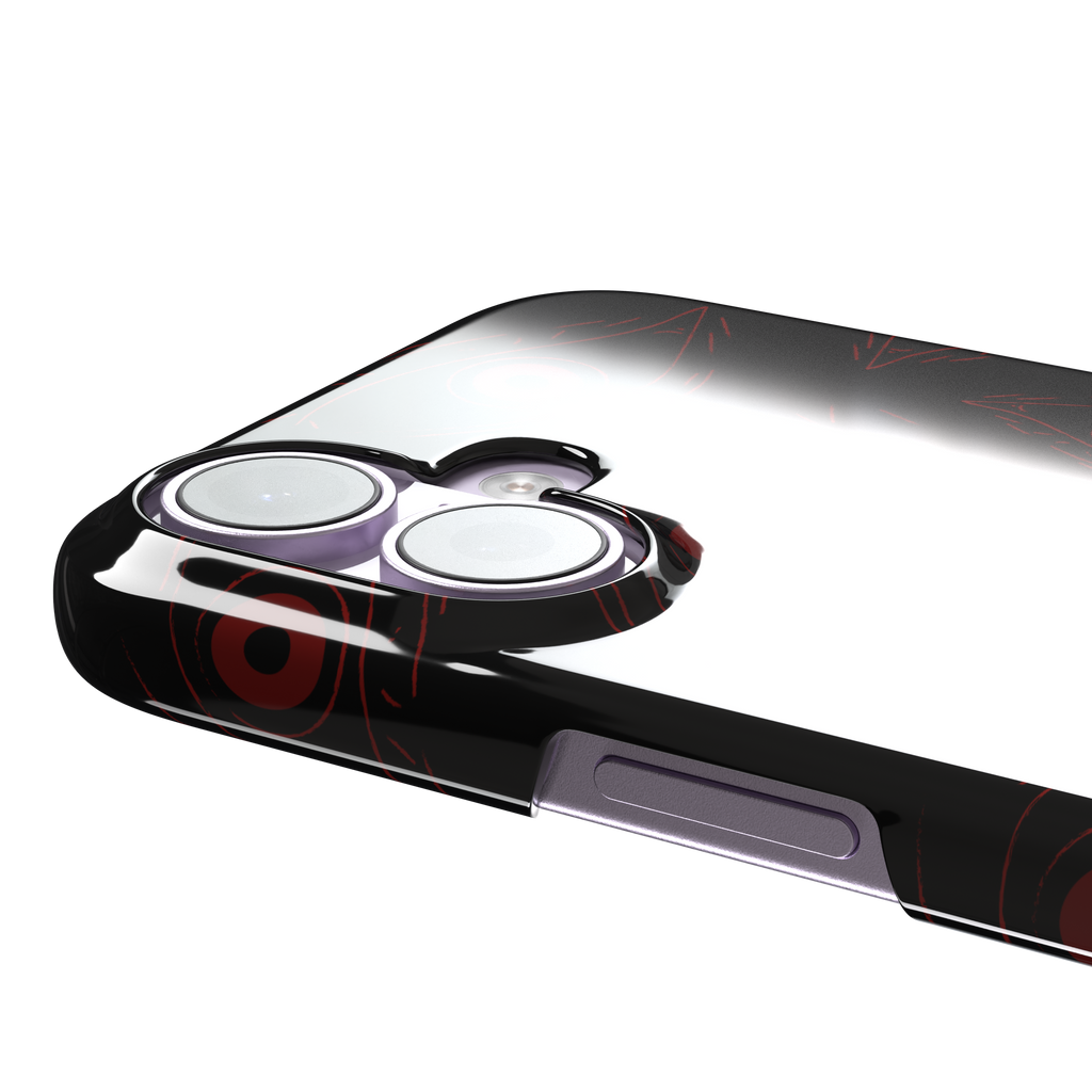 Paranoia phone case in black with all-over deep red hand-drawn staring eyes and sharp angular lashes, color variant, phone case by Caselier — snap case, volume buttons detail
