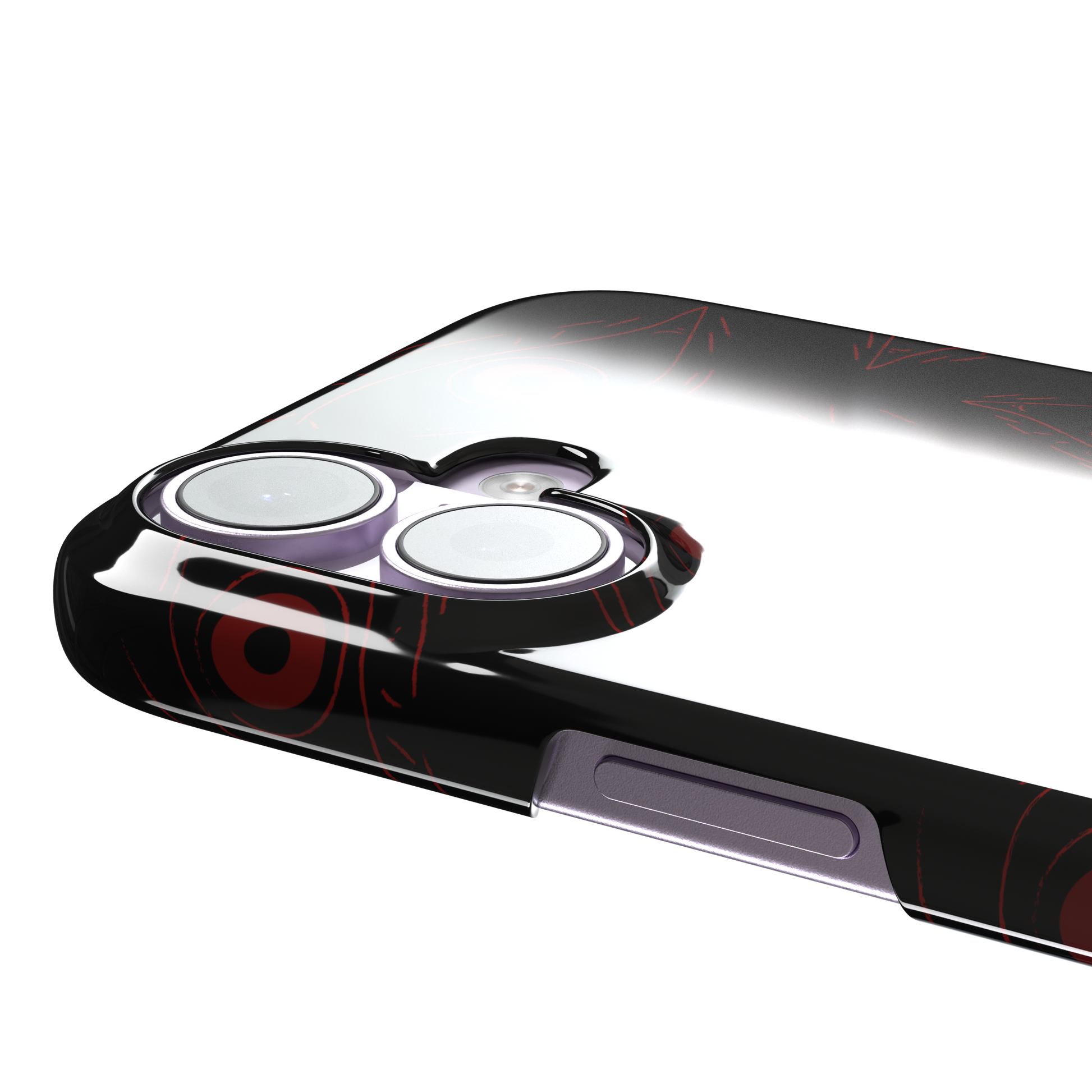 Paranoia phone case in black with all-over deep red hand-drawn staring eyes and sharp angular lashes, color variant, phone case by Caselier — snap case, volume buttons detail
