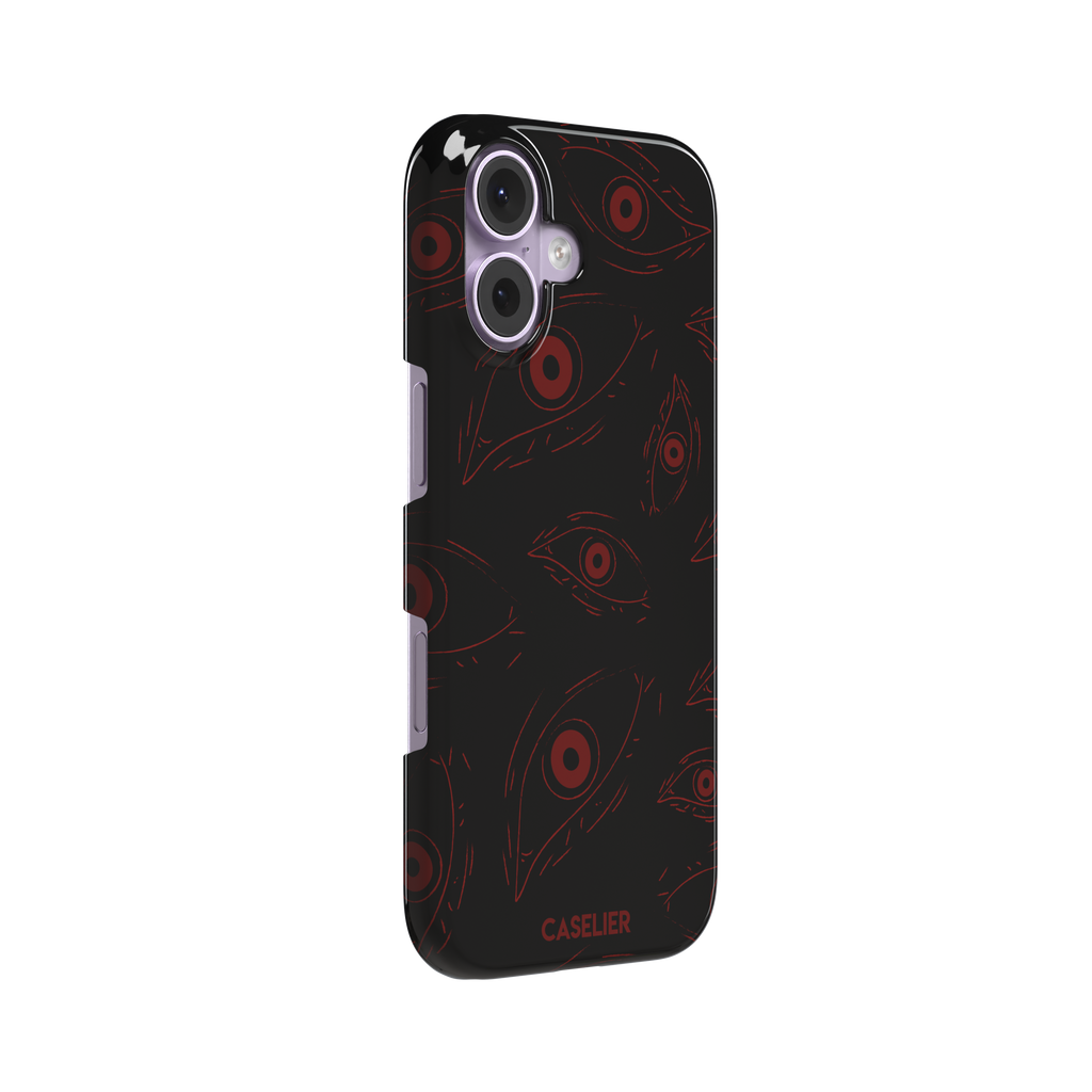 Paranoia phone case in black with all-over deep red hand-drawn staring eyes and sharp angular lashes, color variant, phone case by Caselier — snap case, left view