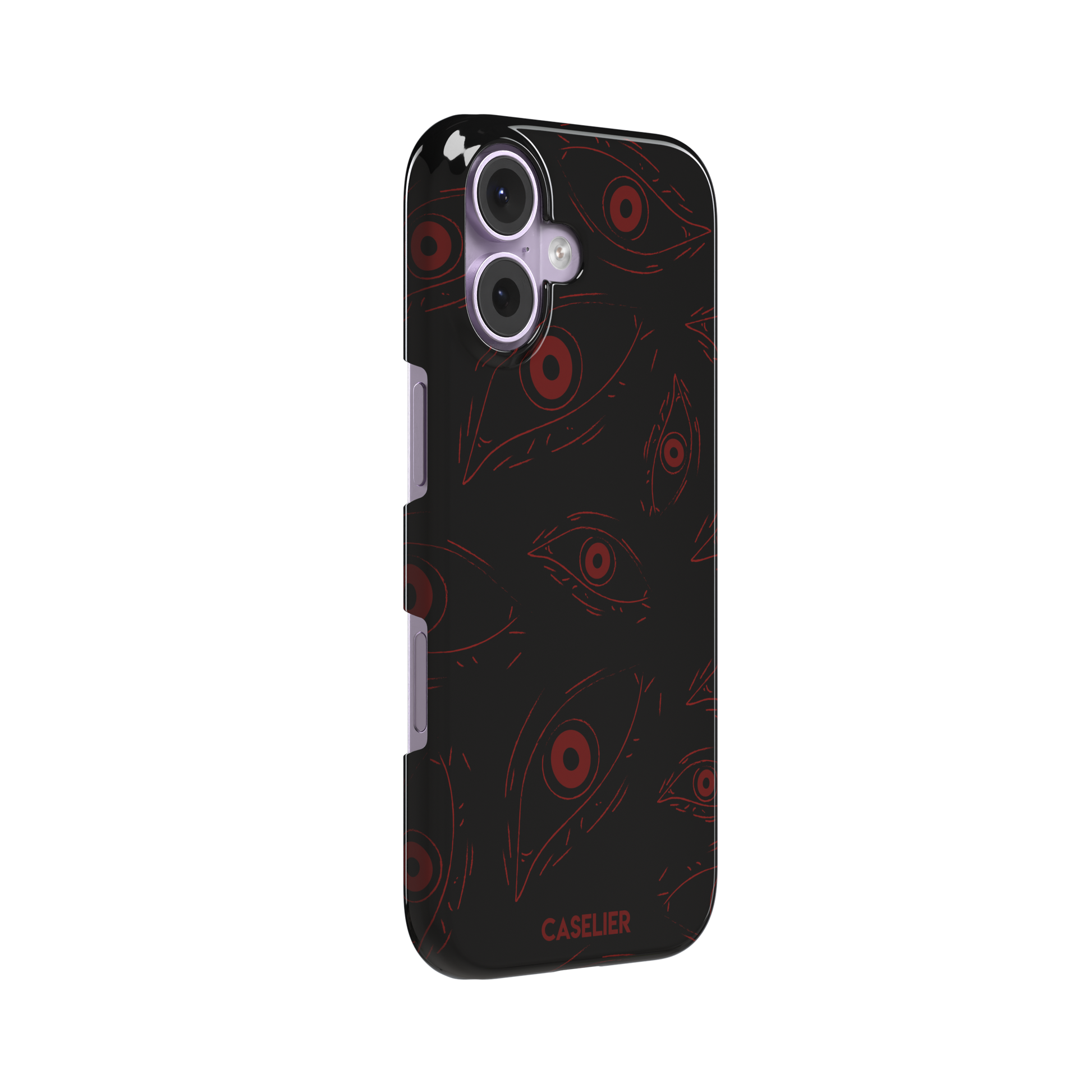 Paranoia phone case in black with all-over deep red hand-drawn staring eyes and sharp angular lashes, color variant, phone case by Caselier — snap case, left view