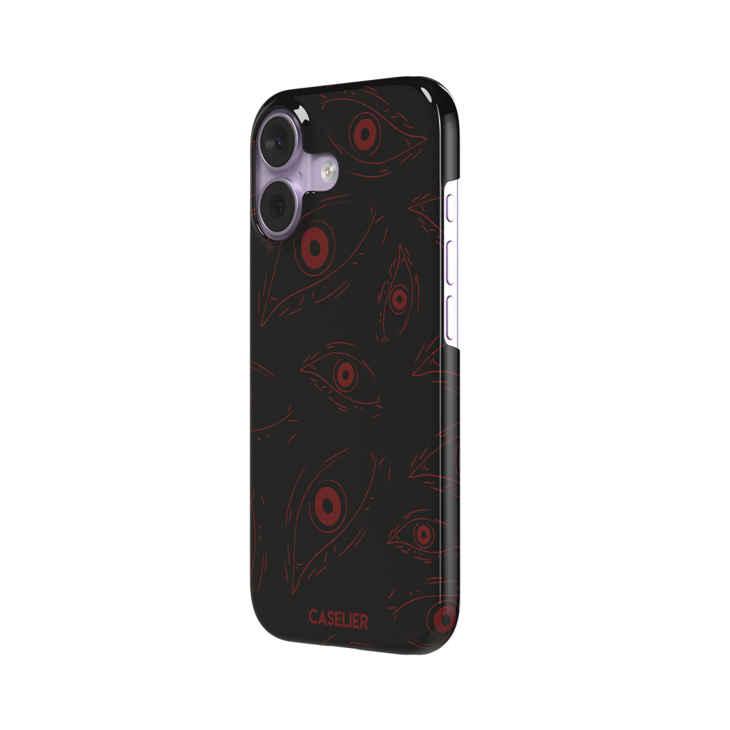 Paranoia phone case in black with all-over deep red hand-drawn staring eyes and sharp angular lashes, color variant, phone case by Caselier — snap case, right view