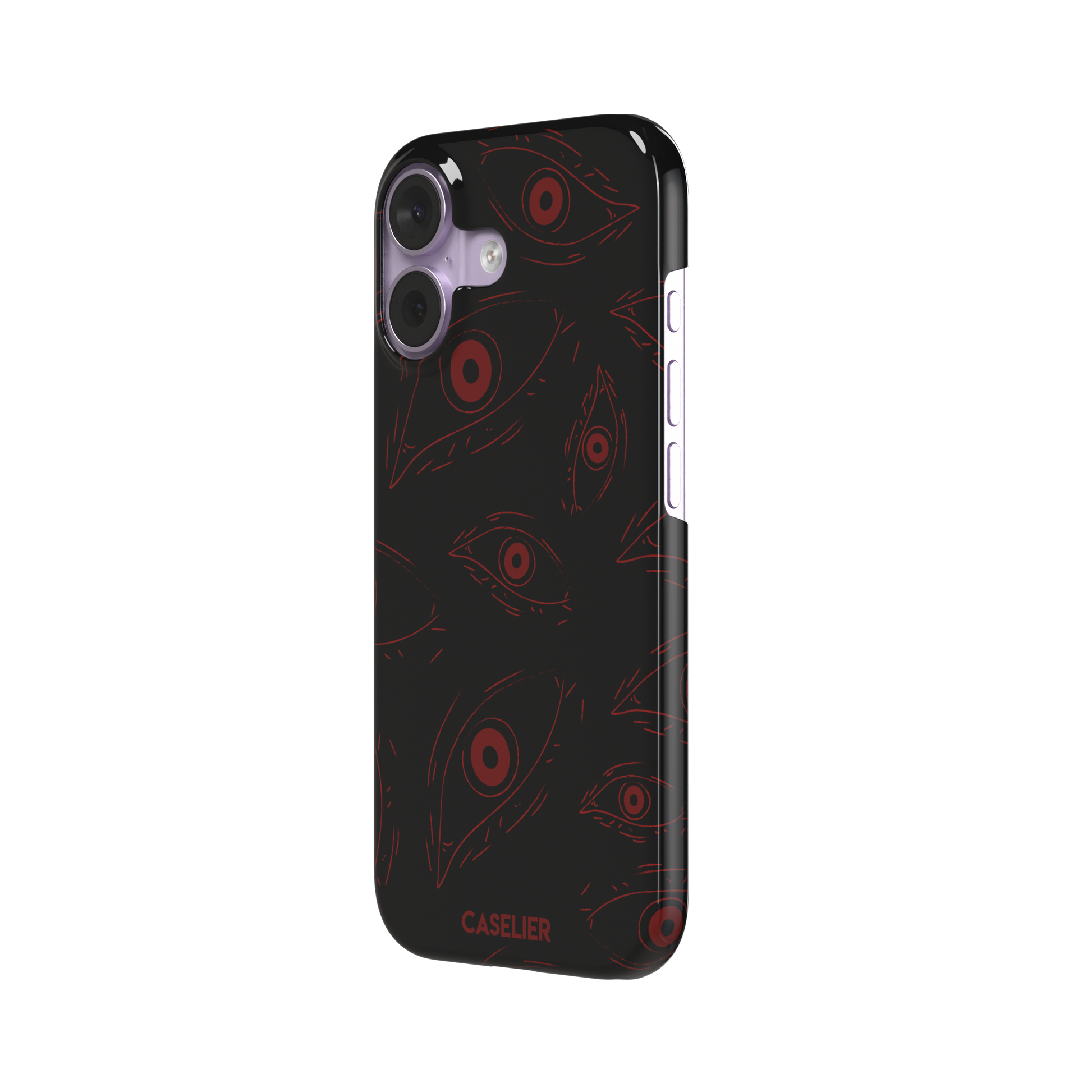 Paranoia phone case in black with all-over deep red hand-drawn staring eyes and sharp angular lashes, color variant, phone case by Caselier — snap case, right view
