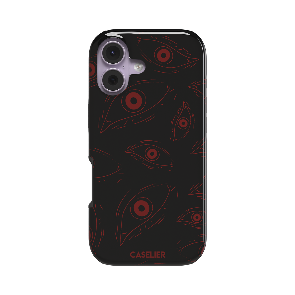 Paranoia phone case in black with all-over deep red hand-drawn staring eyes and sharp angular lashes, color variant, phone case by Caselier — tough case, front view