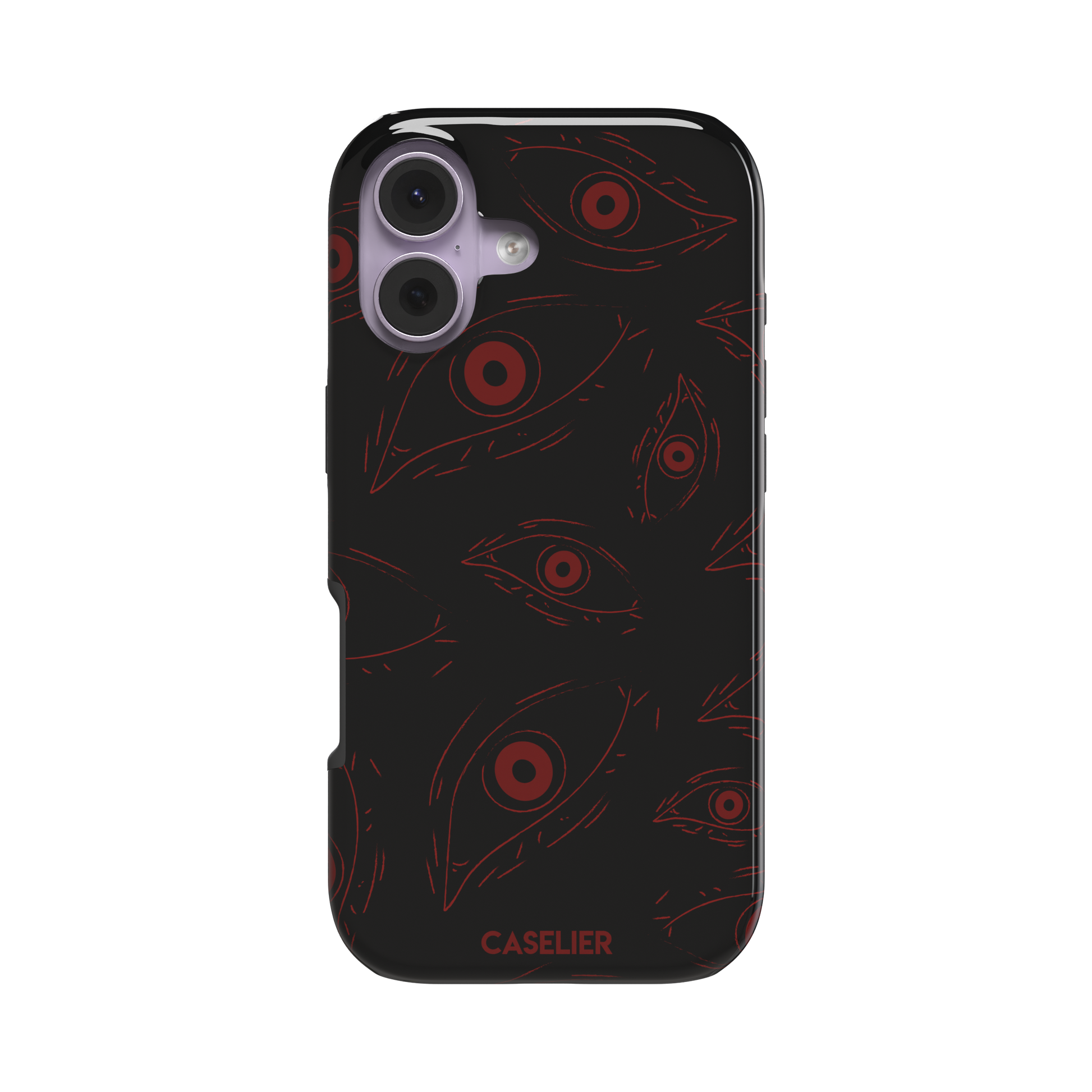 Paranoia phone case in black with all-over deep red hand-drawn staring eyes and sharp angular lashes, color variant, phone case by Caselier — tough case, front view