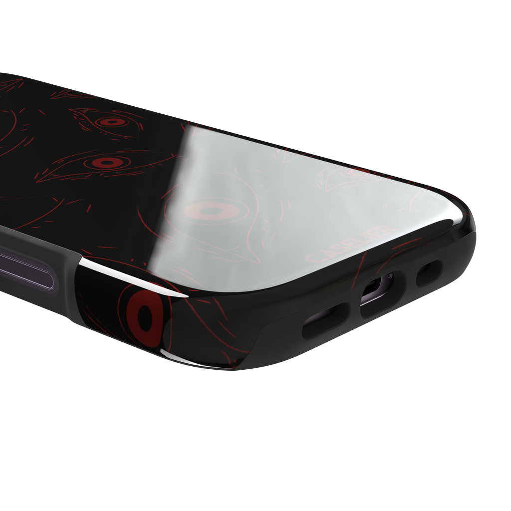 Paranoia phone case in black with all-over deep red hand-drawn staring eyes and sharp angular lashes, color variant, phone case by Caselier — tough case, charging port detail
