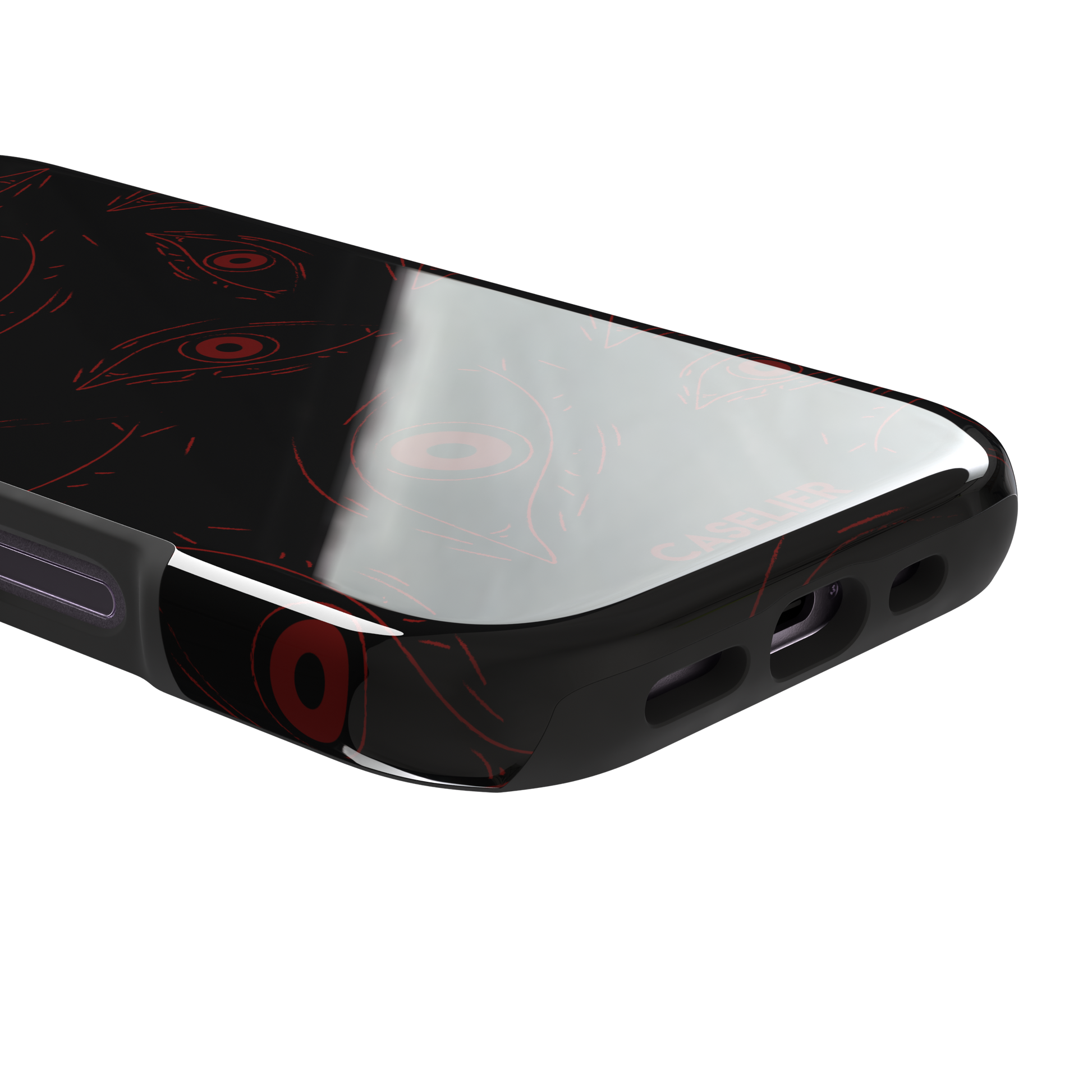 Paranoia phone case in black with all-over deep red hand-drawn staring eyes and sharp angular lashes, color variant, phone case by Caselier — tough case, charging port detail