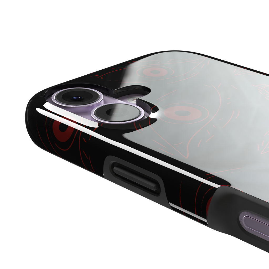 Paranoia phone case in black with all-over deep red hand-drawn staring eyes and sharp angular lashes, color variant, phone case by Caselier — tough case, volume buttons detail