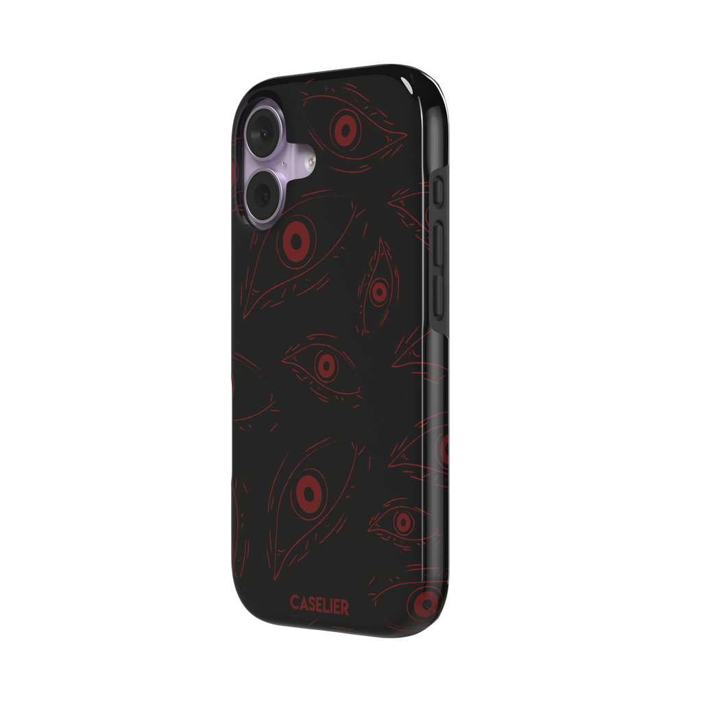 Paranoia phone case in black with all-over deep red hand-drawn staring eyes and sharp angular lashes, color variant, phone case by Caselier — tough case, right view