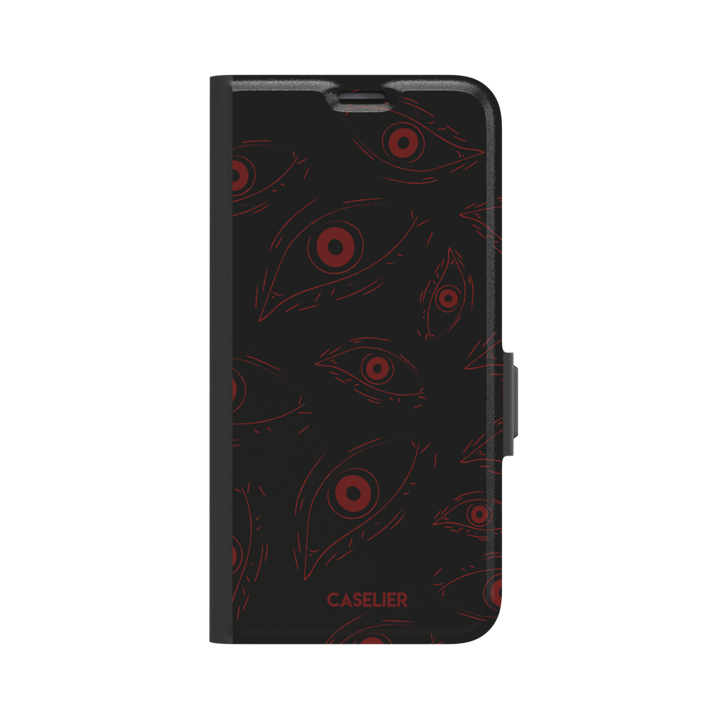 Paranoia phone case in black with all-over deep red hand-drawn staring eyes and sharp angular lashes, color variant, phone case by Caselier — wallet case, front view