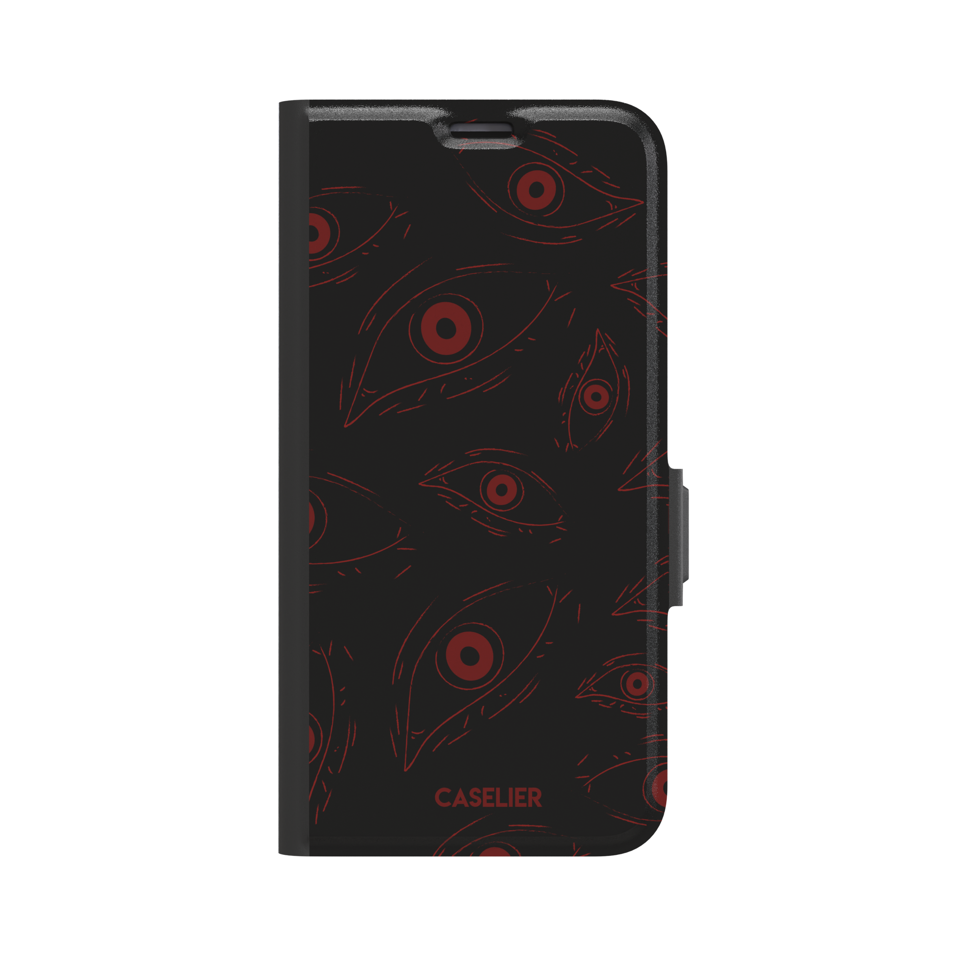 Paranoia phone case in black with all-over deep red hand-drawn staring eyes and sharp angular lashes, color variant, phone case by Caselier — wallet case, front view