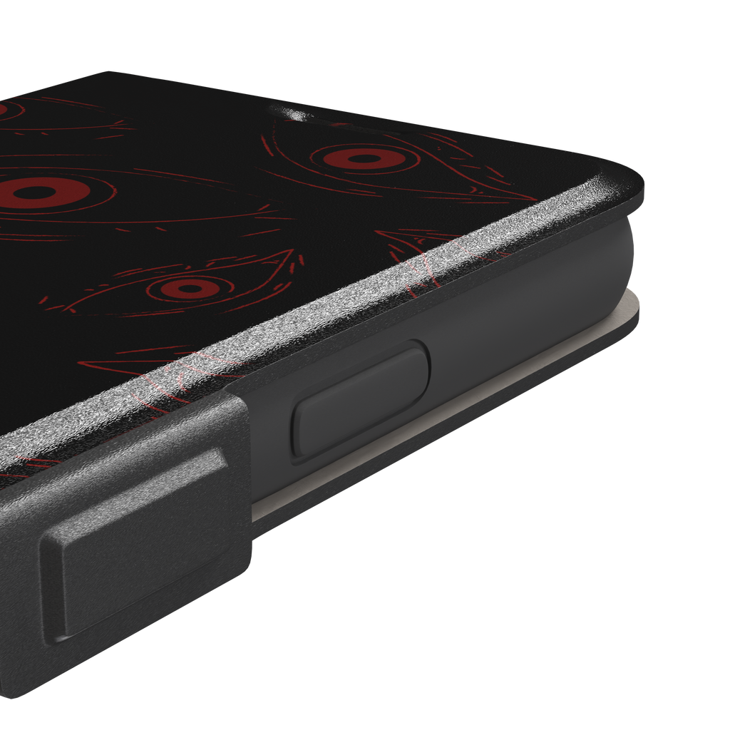 Paranoia phone case in black with all-over deep red hand-drawn staring eyes and sharp angular lashes, color variant, phone case by Caselier — wallet case, volume buttons detail