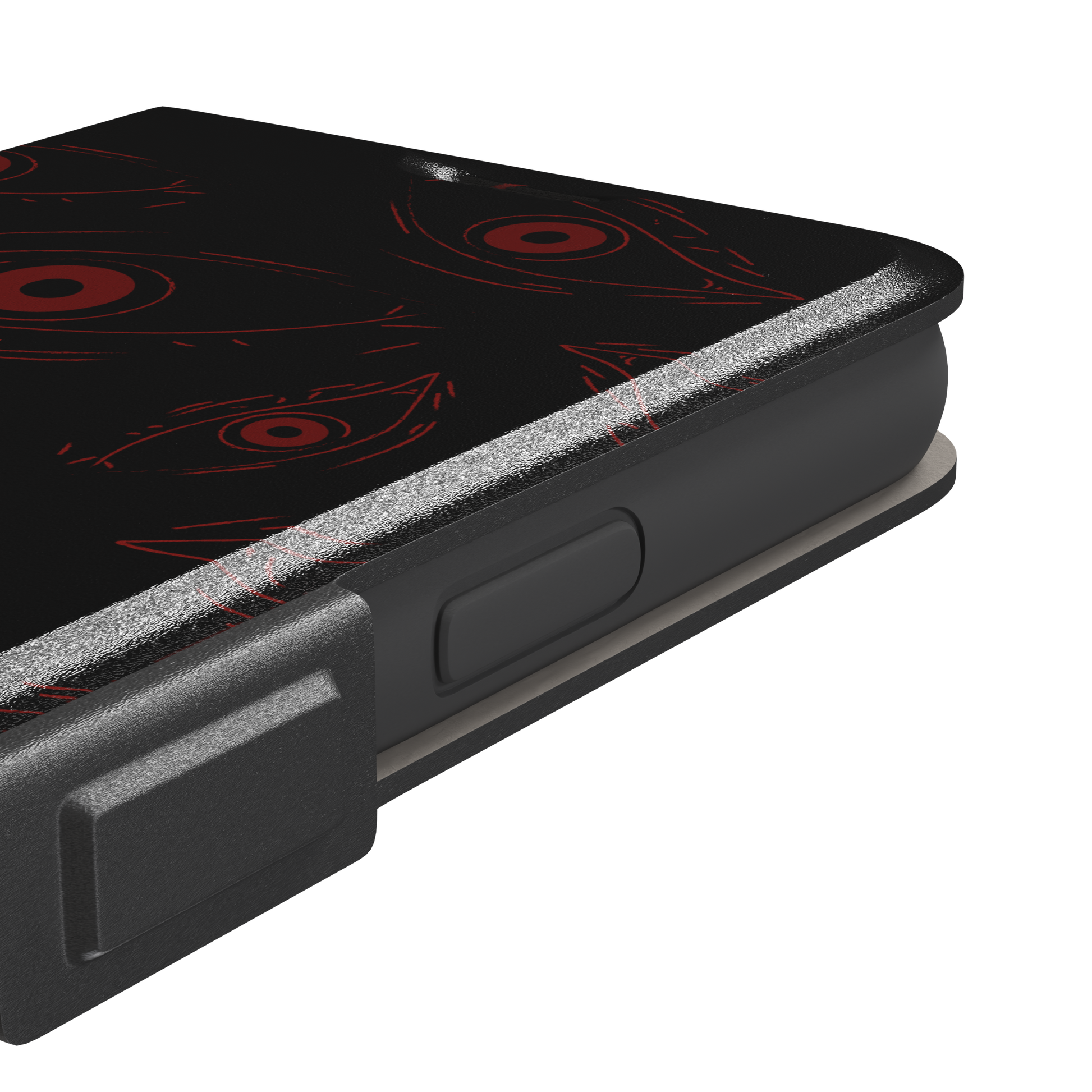 Paranoia phone case in black with all-over deep red hand-drawn staring eyes and sharp angular lashes, color variant, phone case by Caselier — wallet case, volume buttons detail