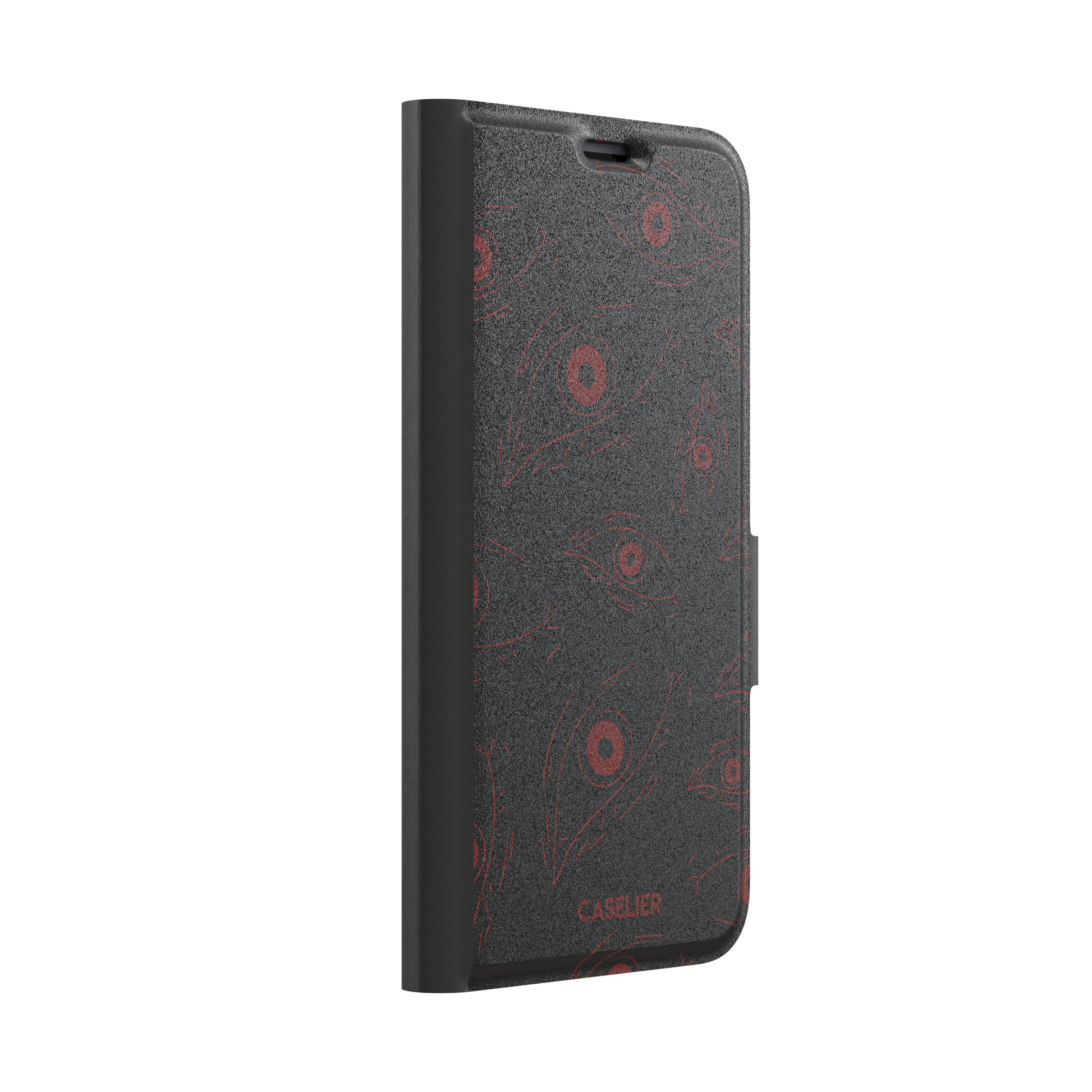 Paranoia phone case in black with all-over deep red hand-drawn staring eyes and sharp angular lashes, color variant, phone case by Caselier — wallet case, left view