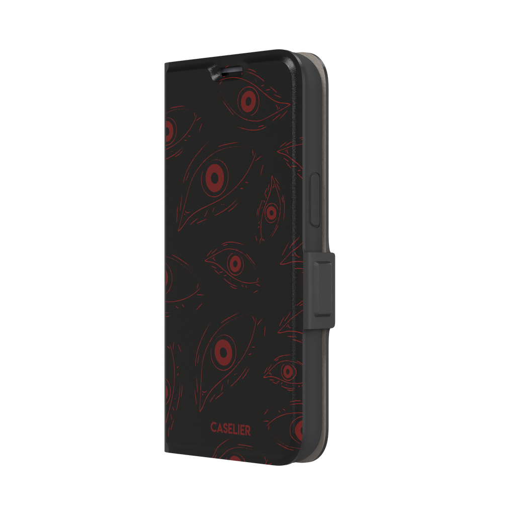 Paranoia phone case in black with all-over deep red hand-drawn staring eyes and sharp angular lashes, color variant, phone case by Caselier — wallet case, right view