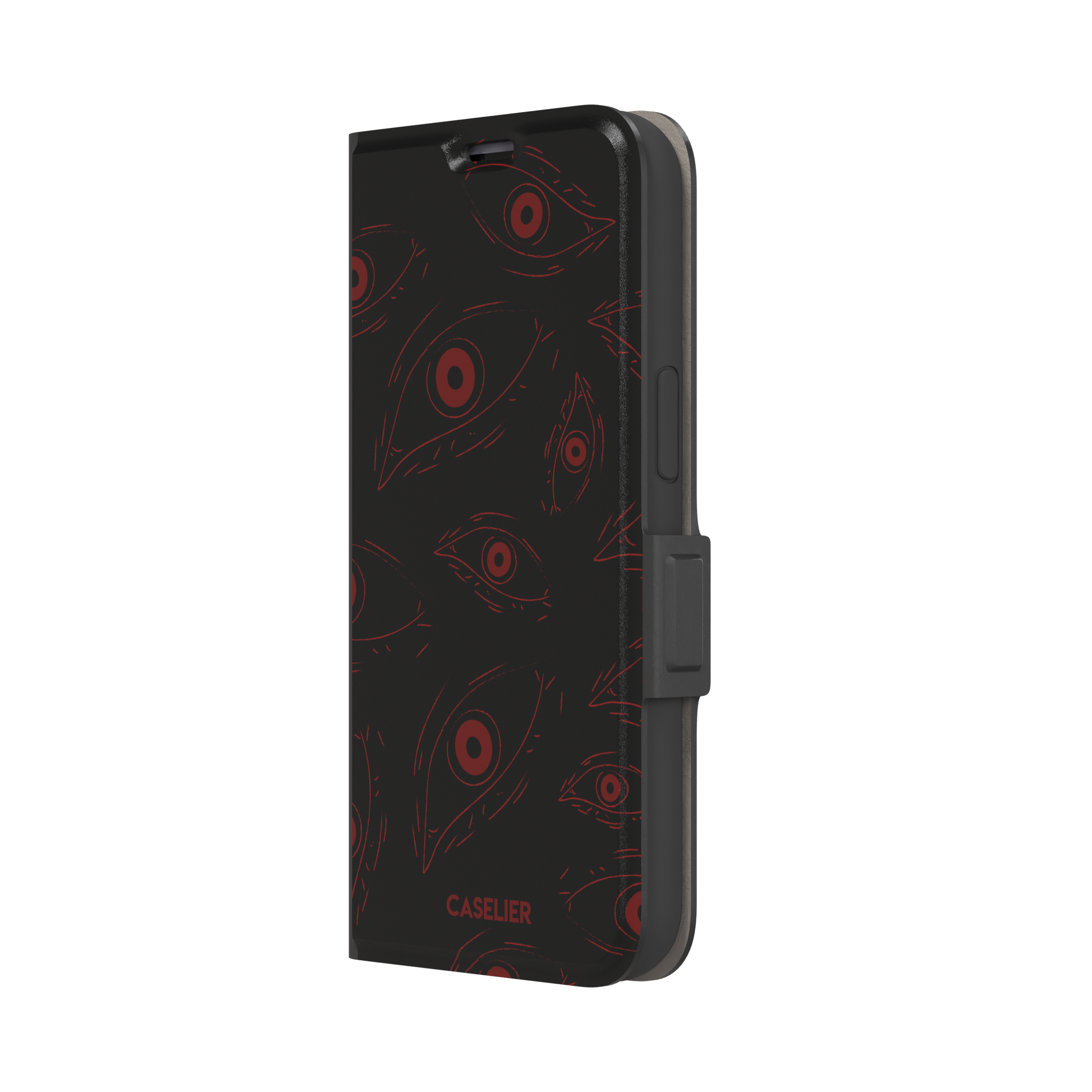 Paranoia phone case in black with all-over deep red hand-drawn staring eyes and sharp angular lashes, color variant, phone case by Caselier — wallet case, right view