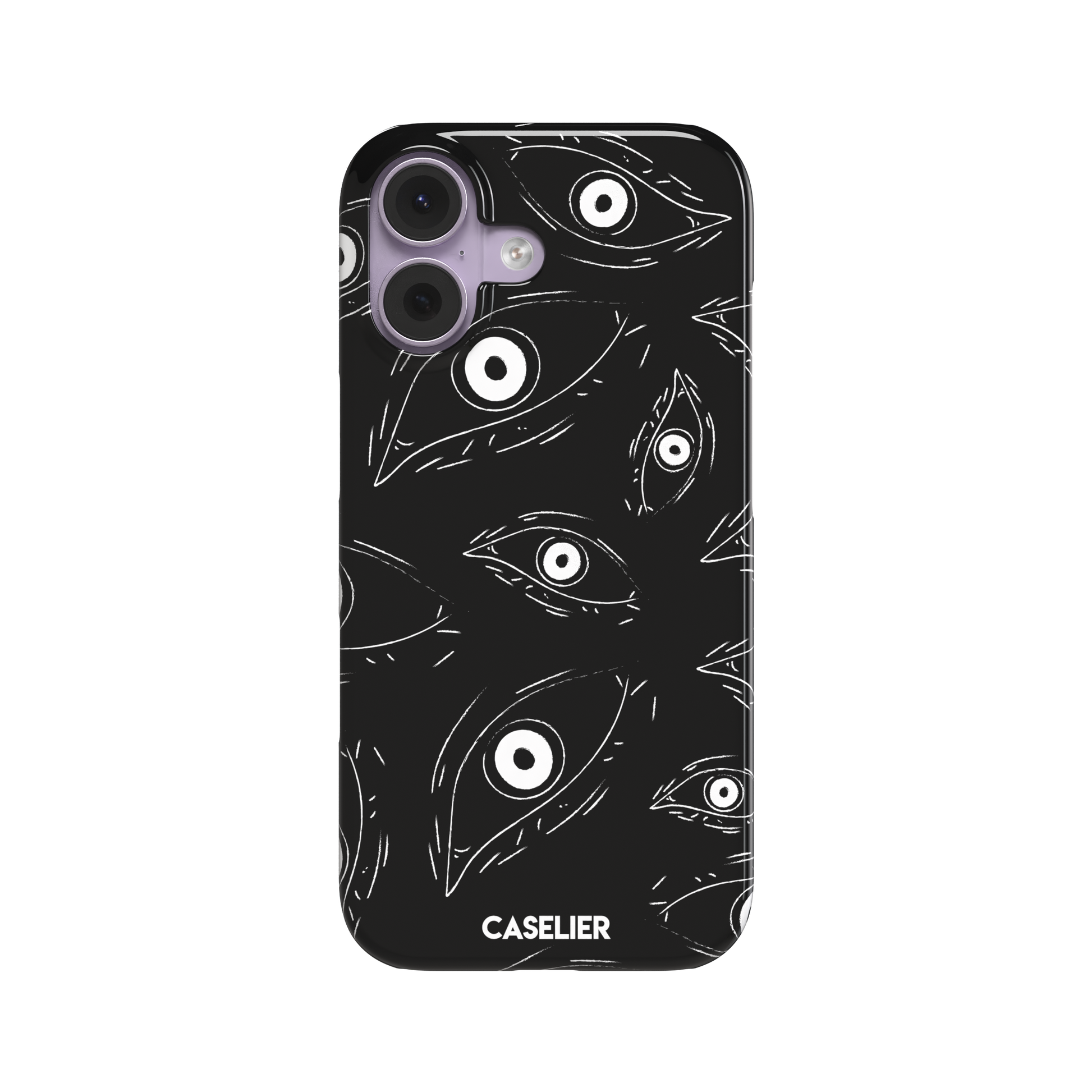 Paranoia phone case in black with all-over white hand-drawn staring eyes and sharp angular lashes, phone case by Caselier — snap case, front view