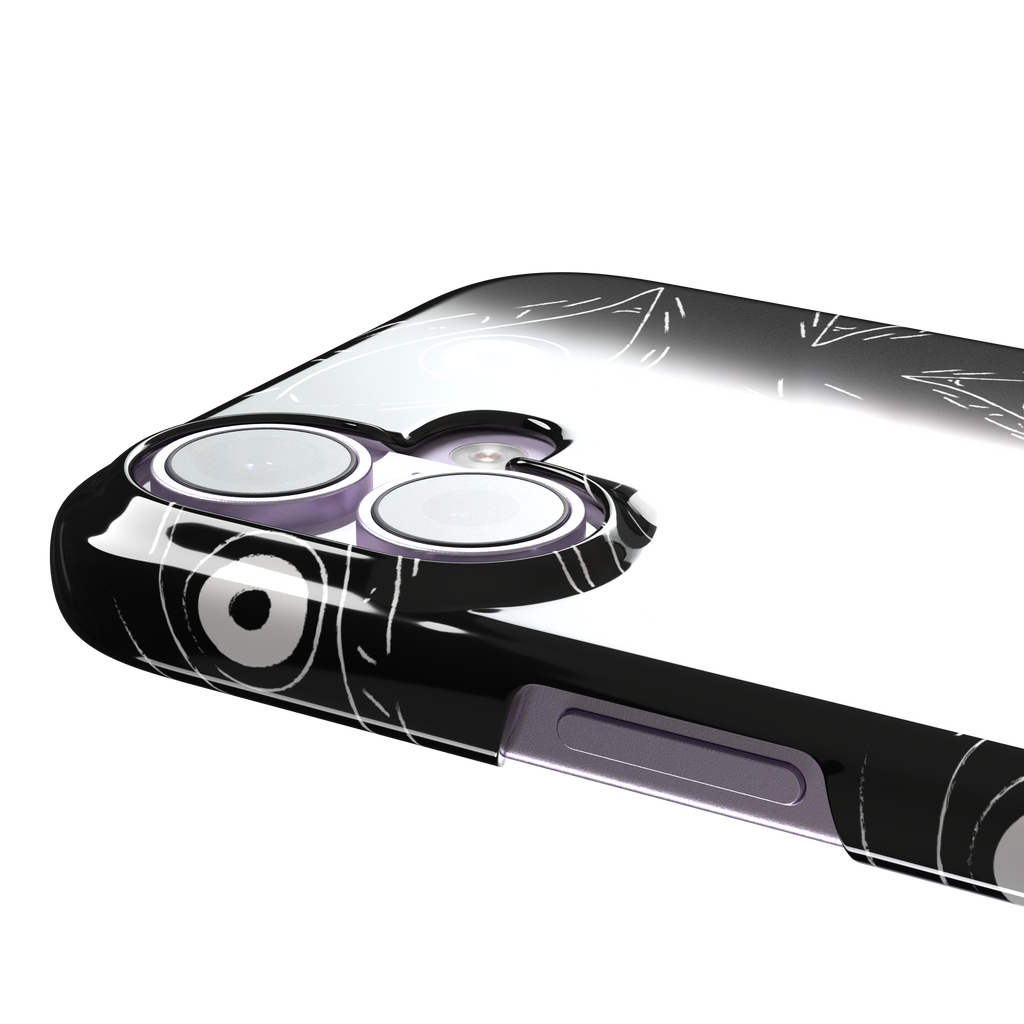 Paranoia phone case in black with all-over white hand-drawn staring eyes and sharp angular lashes, phone case by Caselier — snap case, volume buttons detail