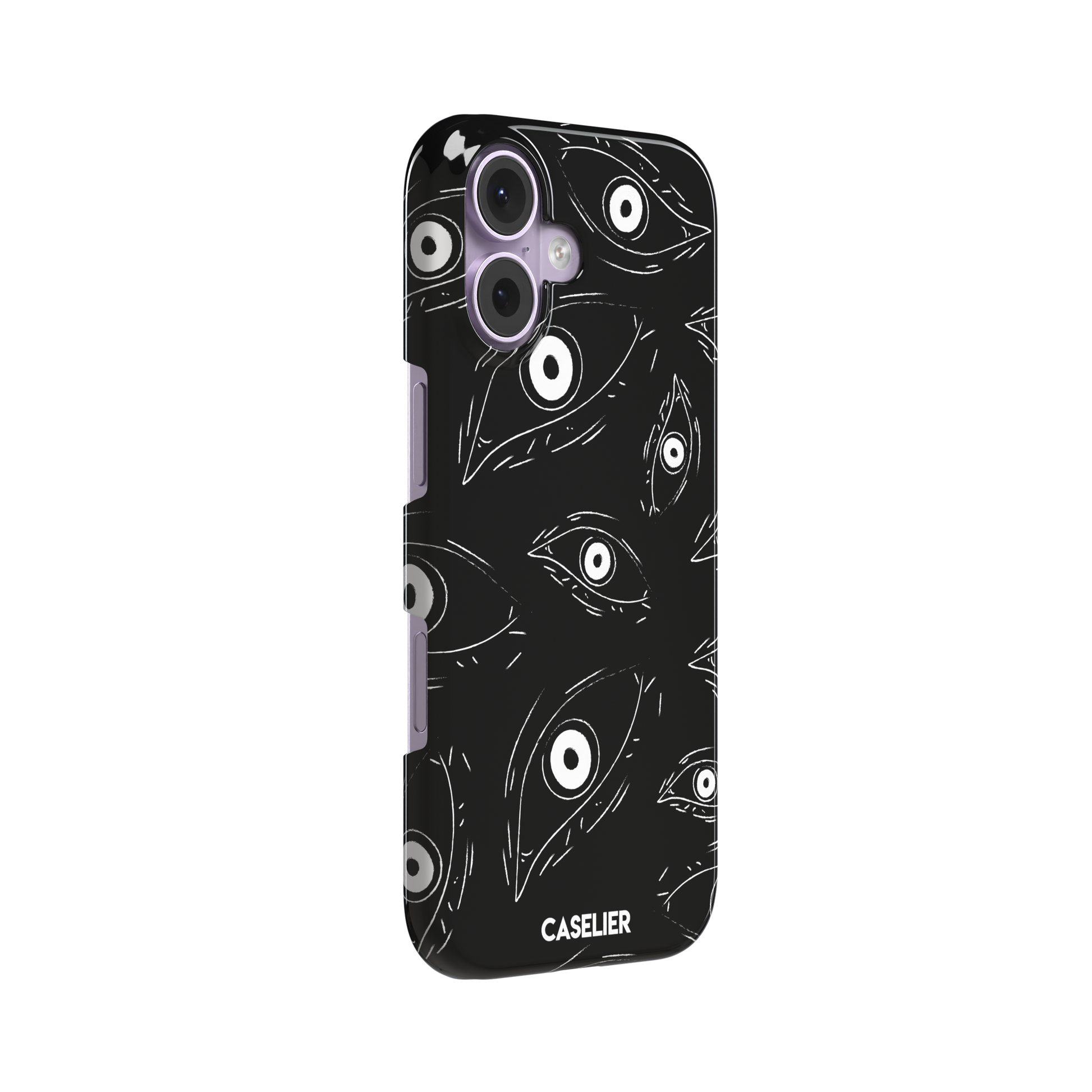 Paranoia phone case in black with all-over white hand-drawn staring eyes and sharp angular lashes, phone case by Caselier — snap case, left view
