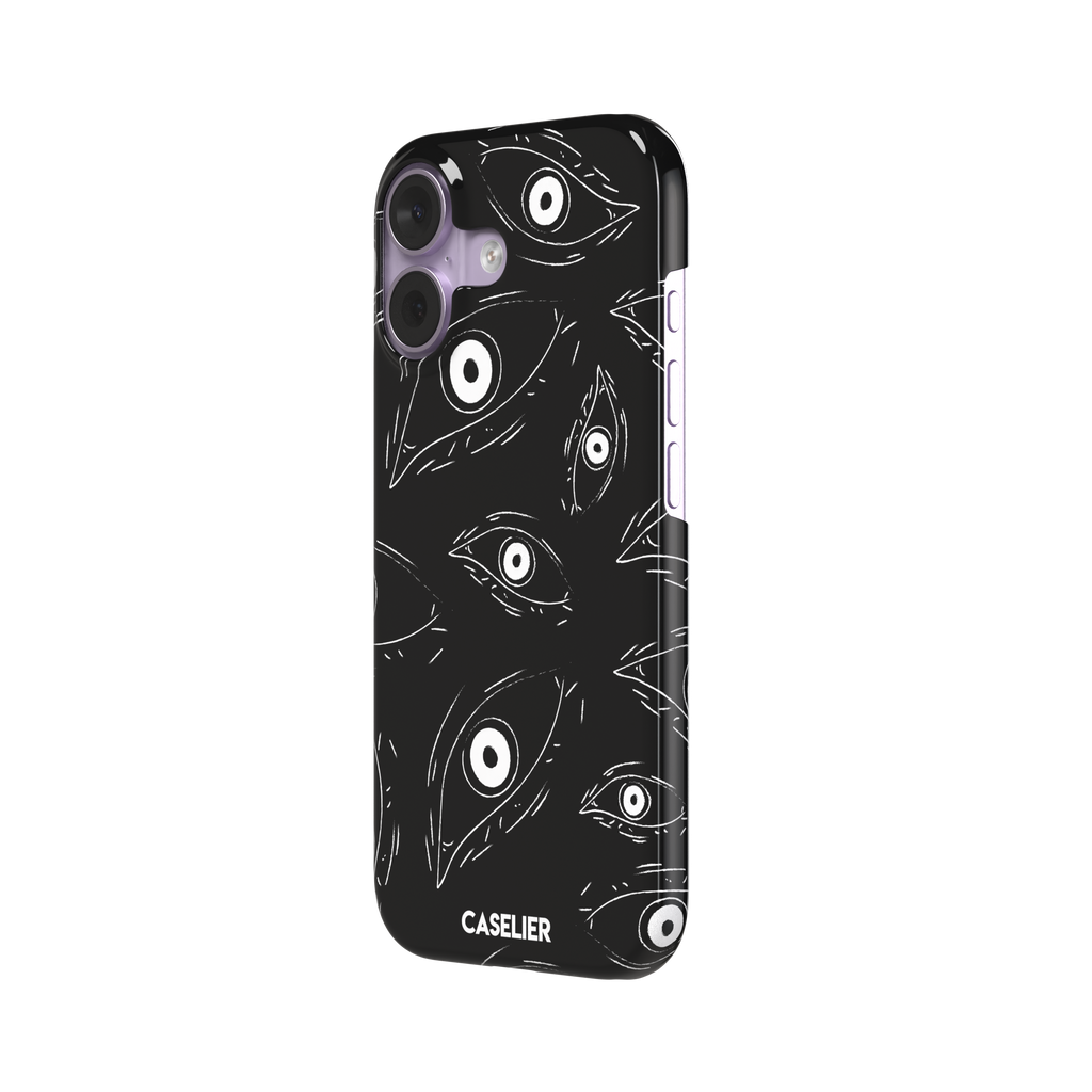 Paranoia phone case in black with all-over white hand-drawn staring eyes and sharp angular lashes, phone case by Caselier — snap case, right view