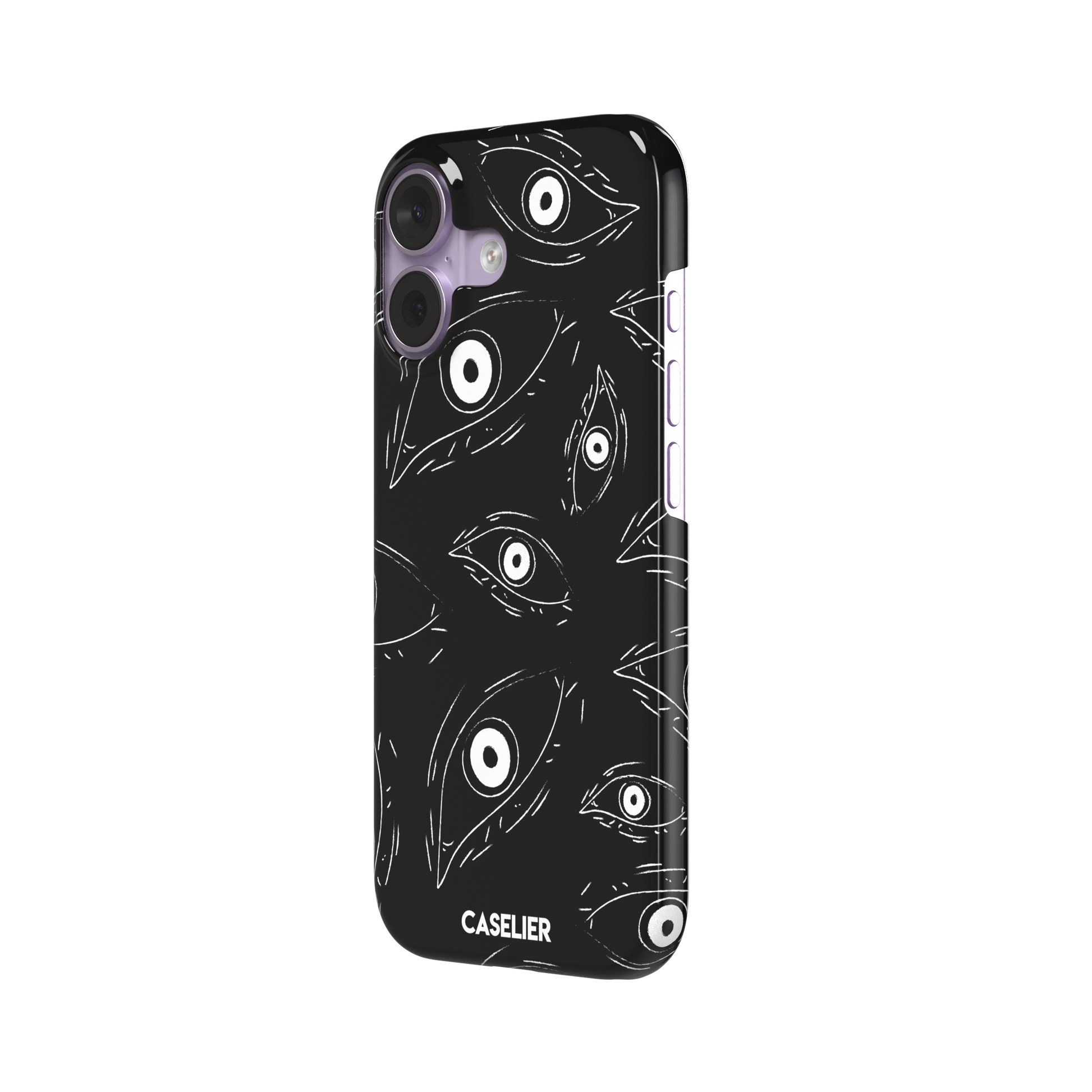 Paranoia phone case in black with all-over white hand-drawn staring eyes and sharp angular lashes, phone case by Caselier — snap case, right view