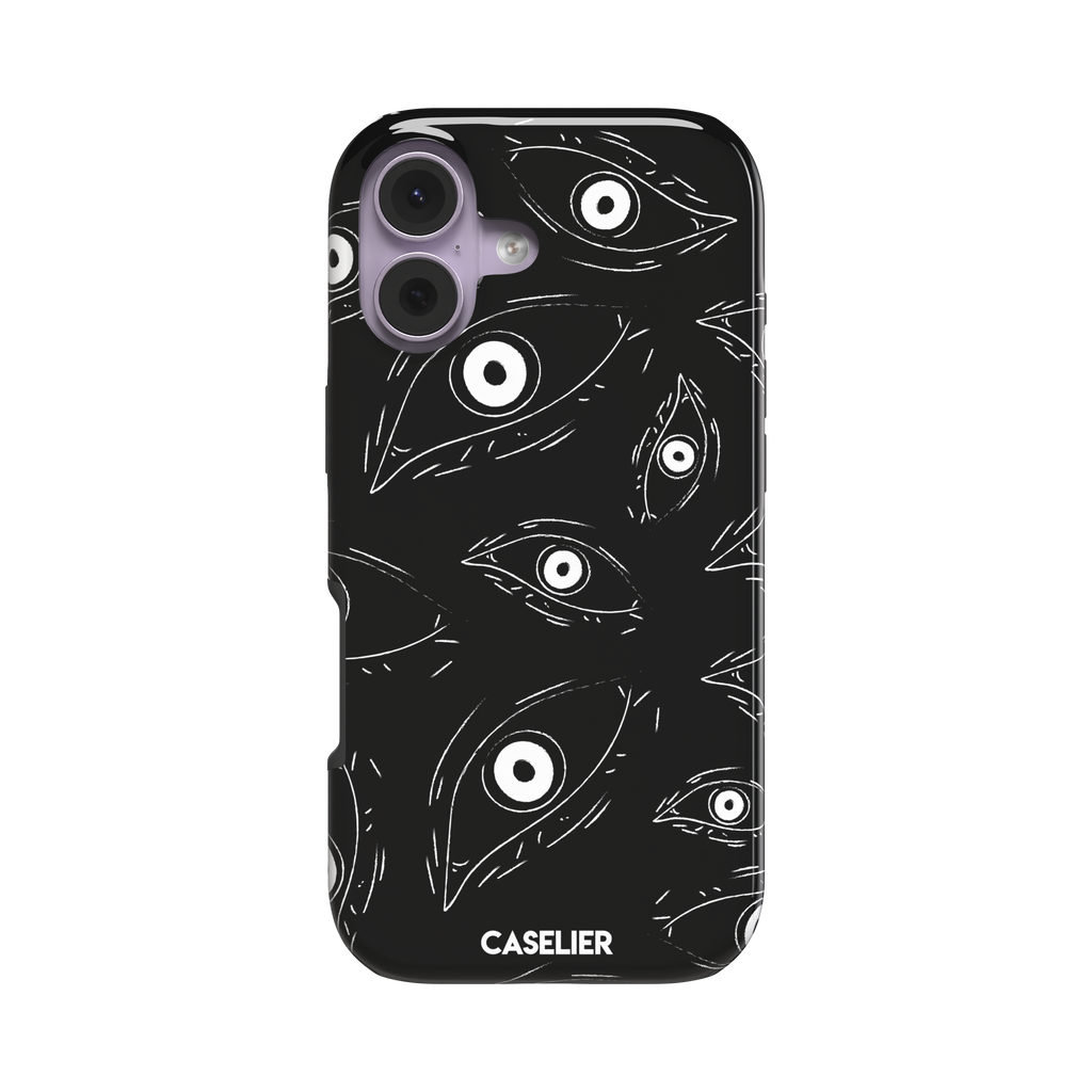 Paranoia phone case in black with all-over white hand-drawn staring eyes and sharp angular lashes, phone case by Caselier — tough case, front view