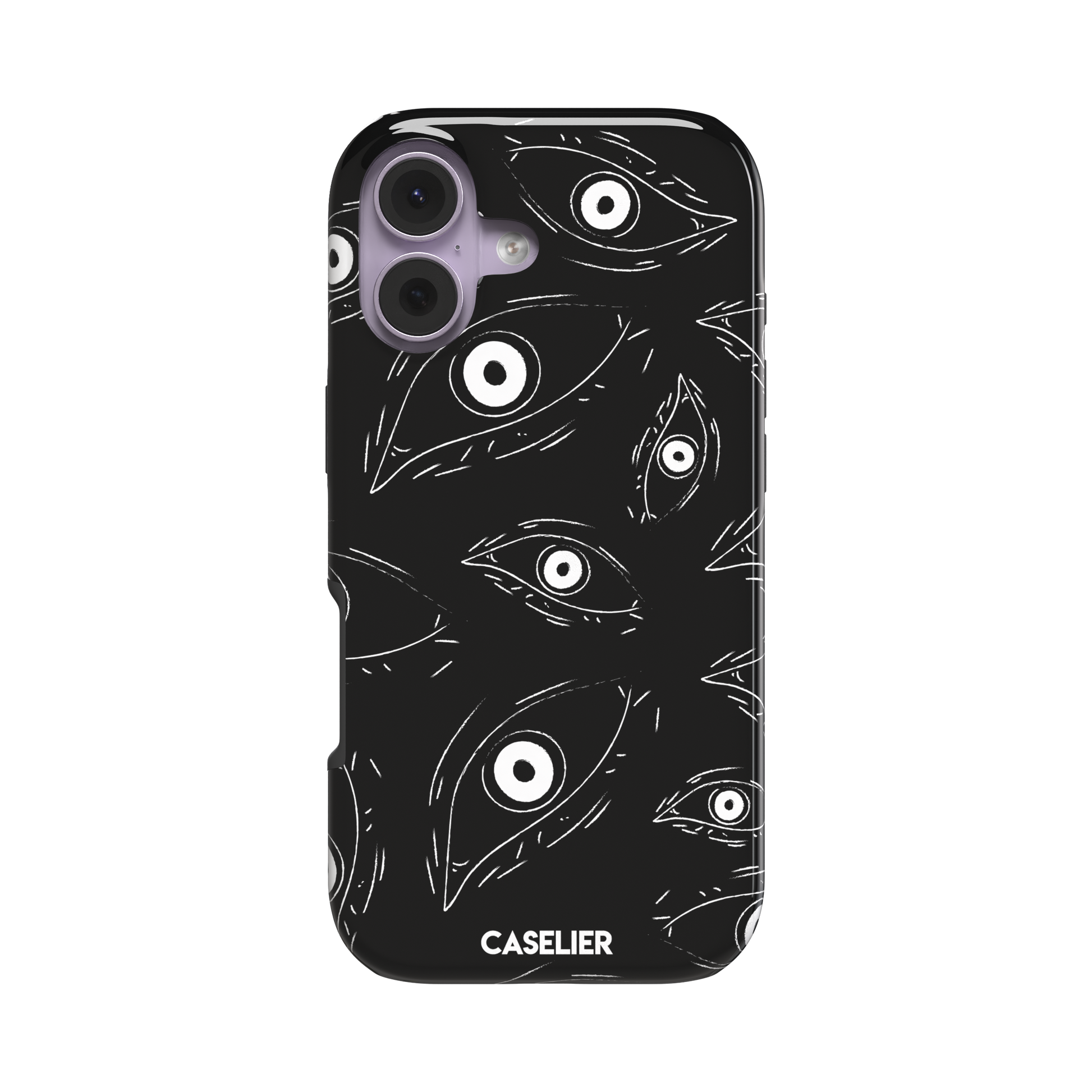 Paranoia phone case in black with all-over white hand-drawn staring eyes and sharp angular lashes, phone case by Caselier — tough case, front view