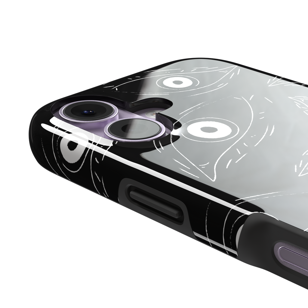 Paranoia phone case in black with all-over white hand-drawn staring eyes and sharp angular lashes, phone case by Caselier — tough case, volume buttons detail
