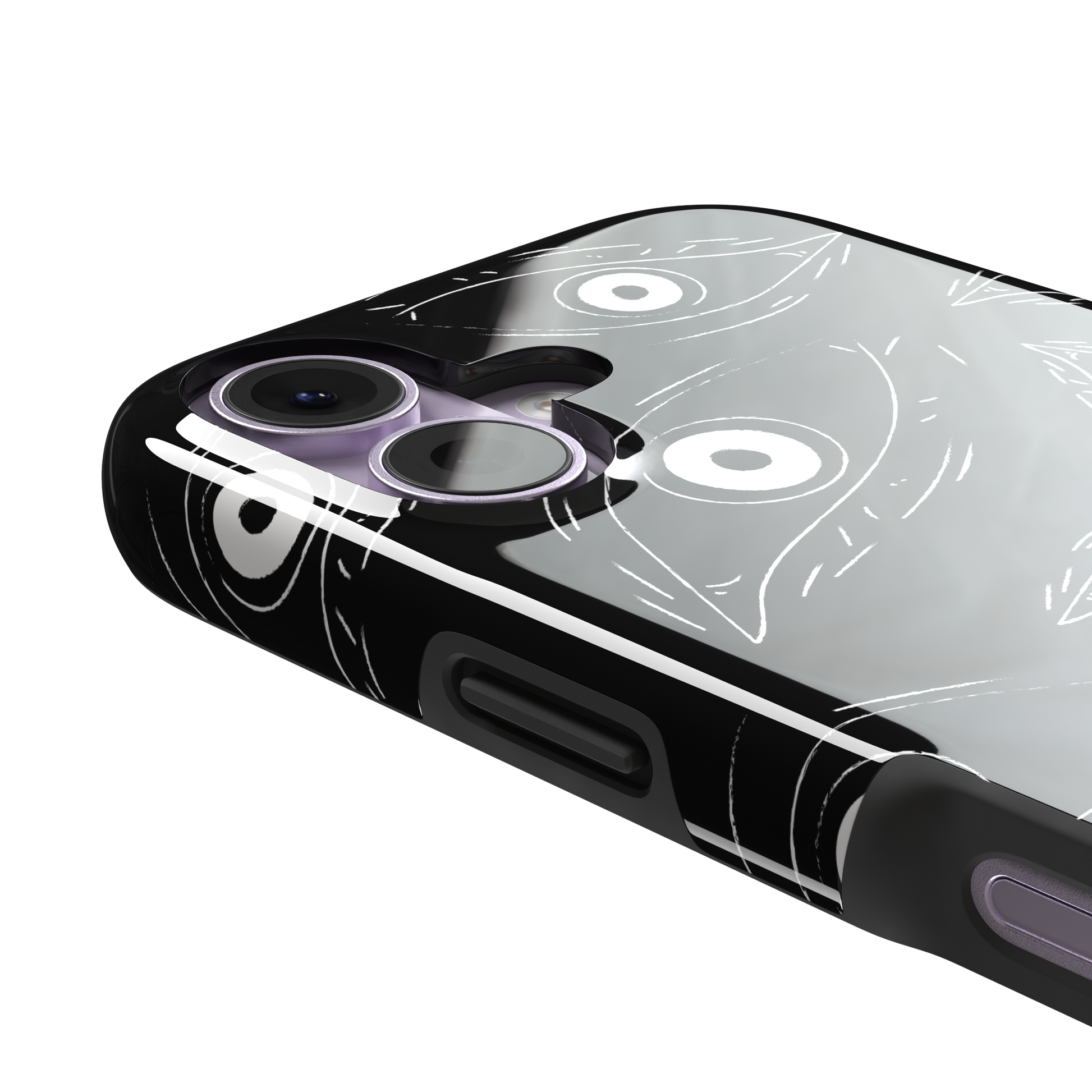 Paranoia phone case in black with all-over white hand-drawn staring eyes and sharp angular lashes, phone case by Caselier — tough case, volume buttons detail