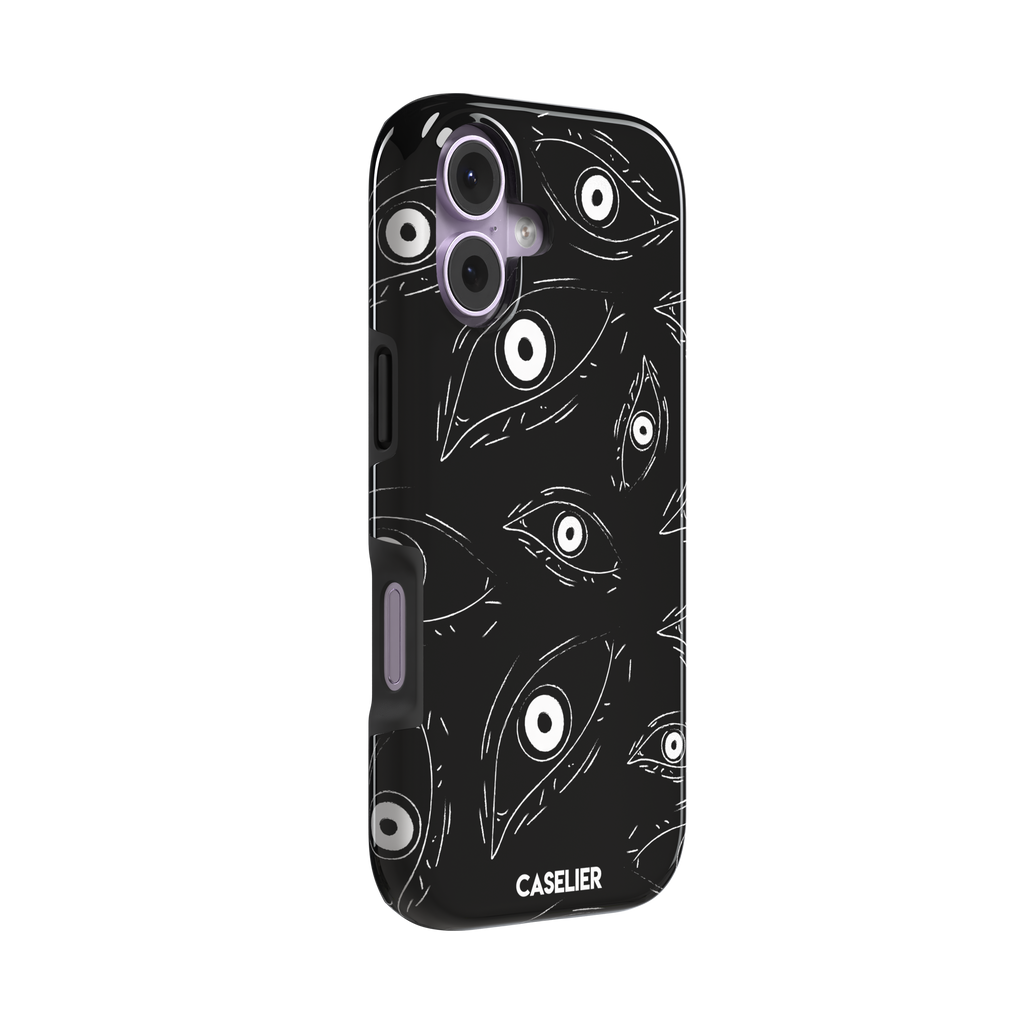 Paranoia phone case in black with all-over white hand-drawn staring eyes and sharp angular lashes, phone case by Caselier — tough case, left view