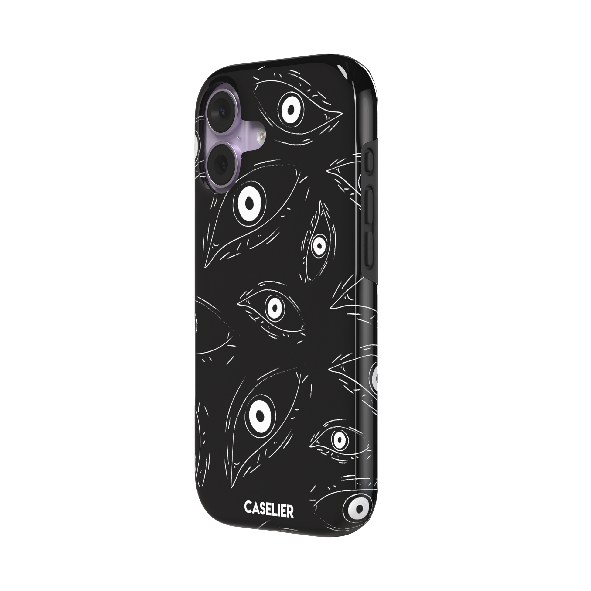 Paranoia phone case in black with all-over white hand-drawn staring eyes and sharp angular lashes, phone case by Caselier — tough case, right view