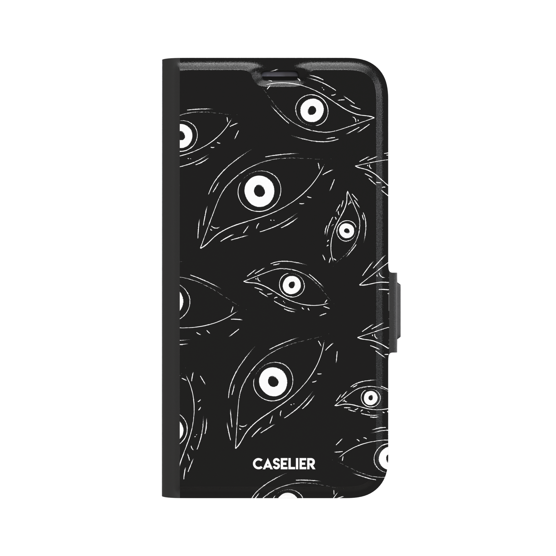 Paranoia phone case in black with all-over white hand-drawn staring eyes and sharp angular lashes, phone case by Caselier — wallet case, front view