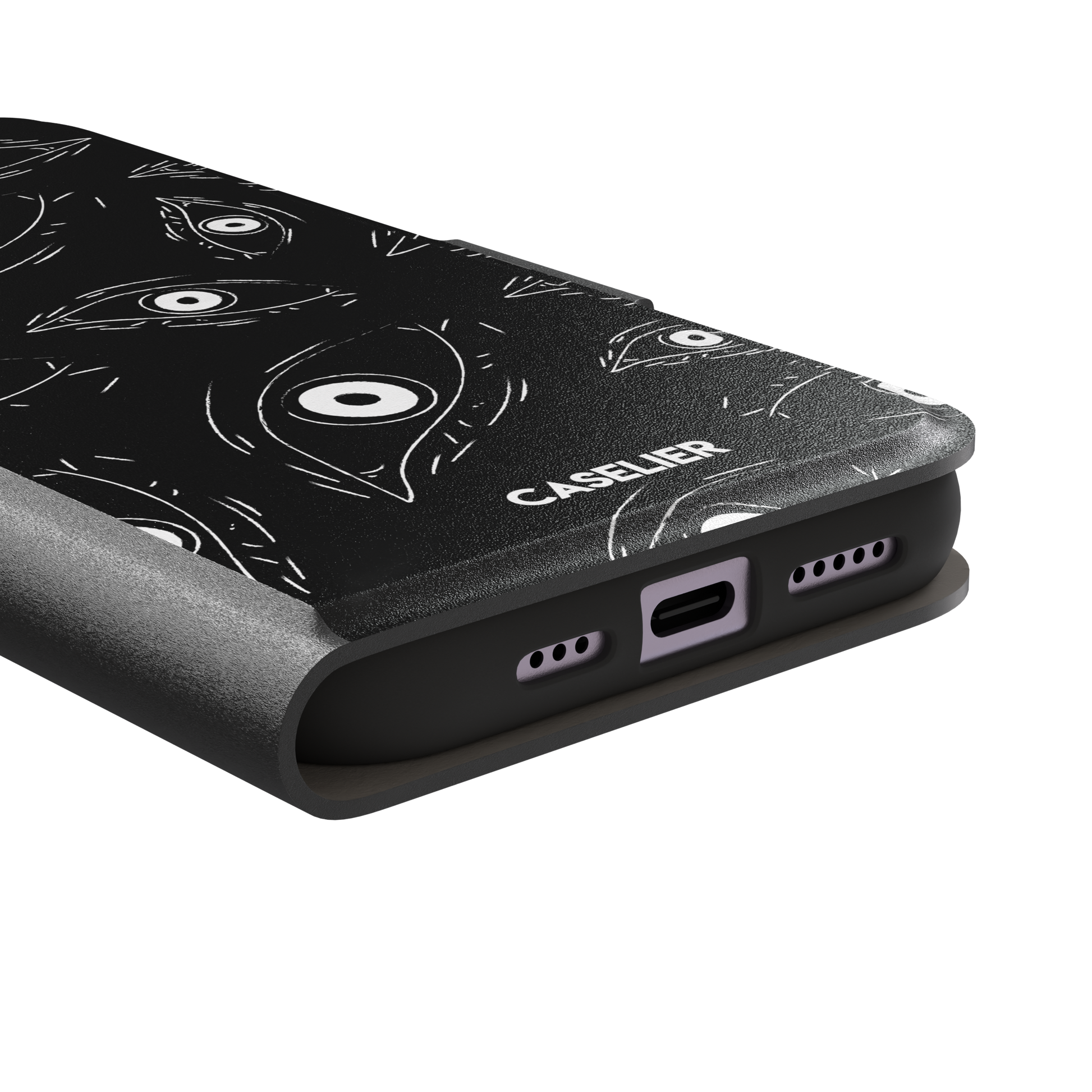 Paranoia phone case in black with all-over white hand-drawn staring eyes and sharp angular lashes, phone case by Caselier — wallet case, charging port detail