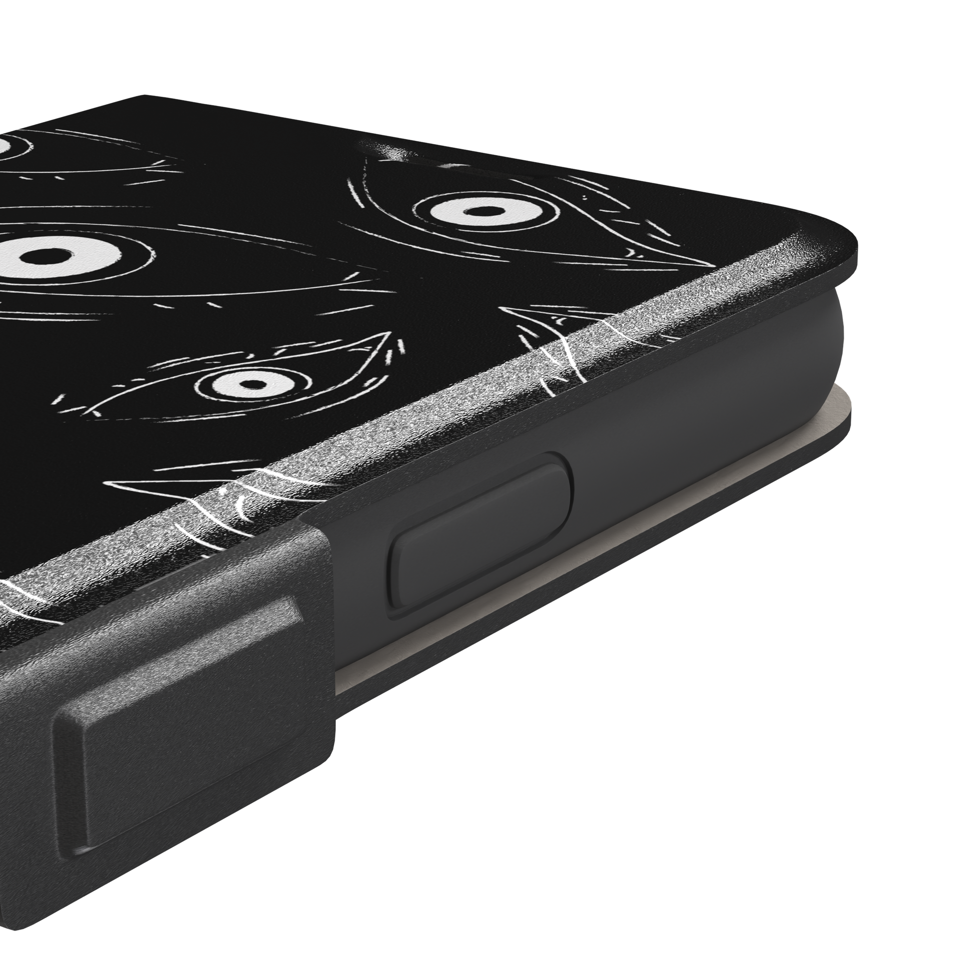 Paranoia phone case in black with all-over white hand-drawn staring eyes and sharp angular lashes, phone case by Caselier — wallet case, volume buttons detail