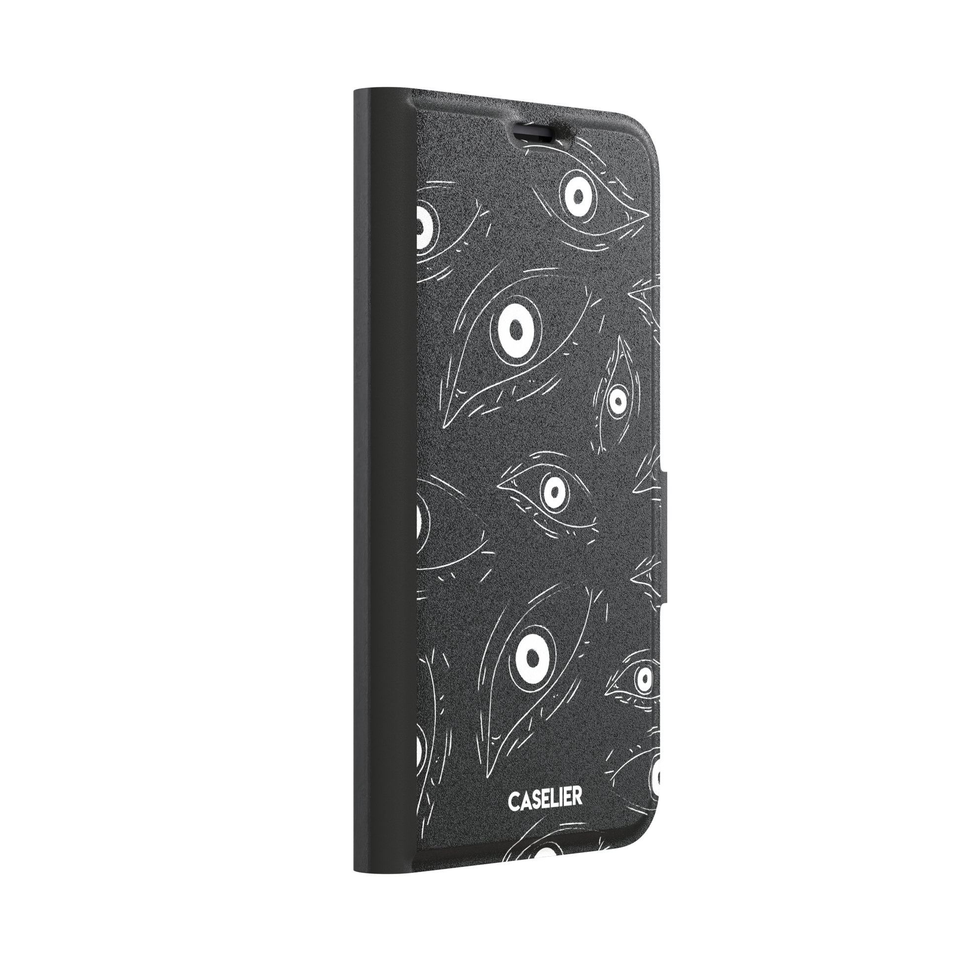 Paranoia phone case in black with all-over white hand-drawn staring eyes and sharp angular lashes, phone case by Caselier — wallet case, left view