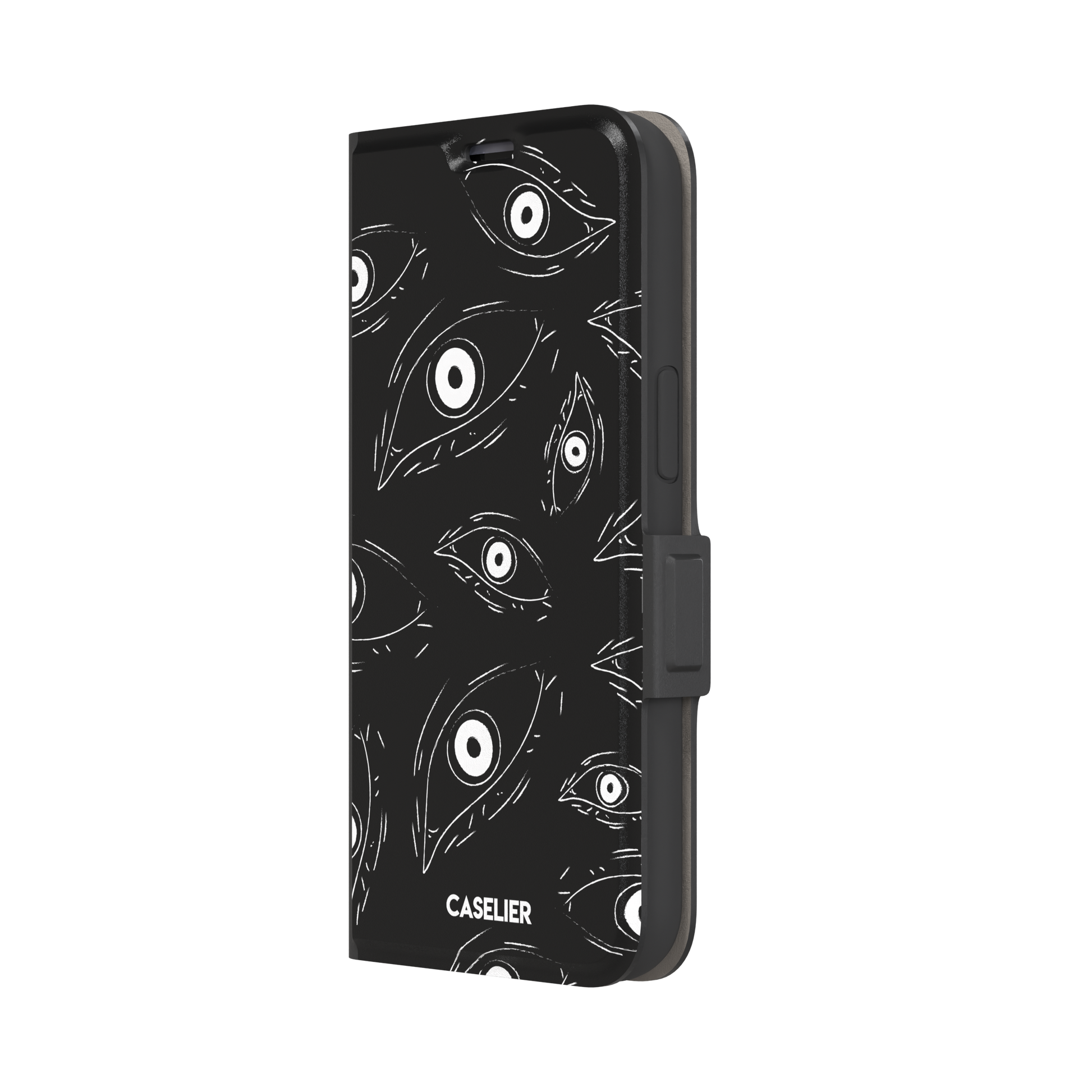Paranoia phone case in black with all-over white hand-drawn staring eyes and sharp angular lashes, phone case by Caselier — wallet case, right view