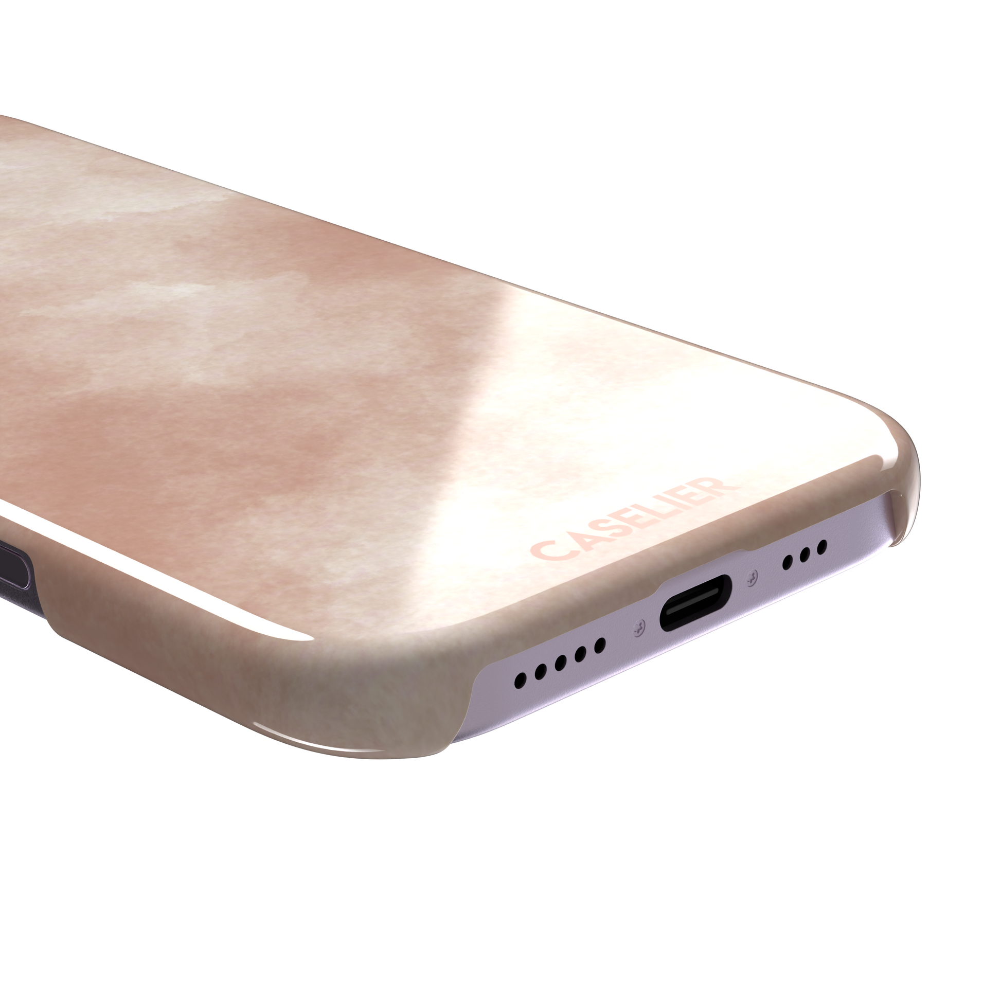 Peach watercolor wash phone case in warm blush and cream tones on an iPhone, phone case by Caselier — snap case, charging port detail