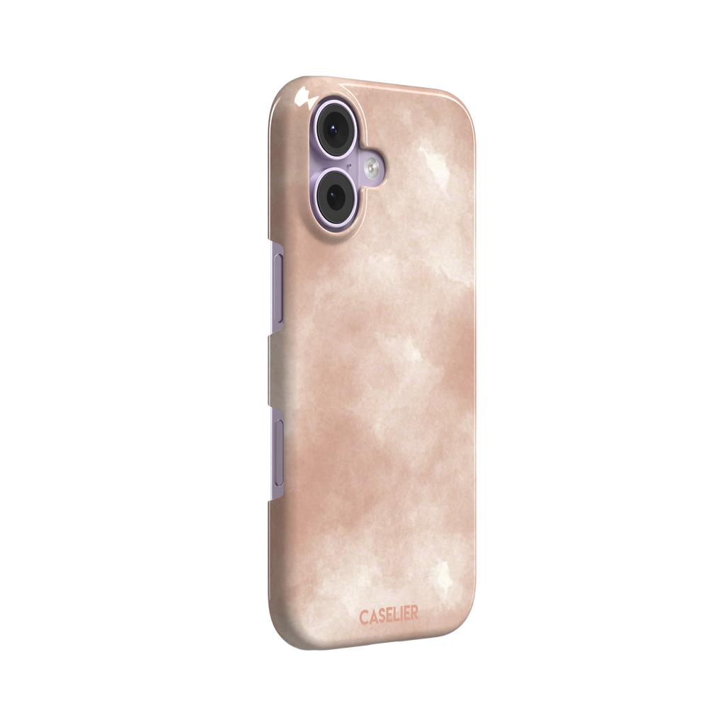 Peach watercolor wash phone case in warm blush and cream tones on an iPhone, phone case by Caselier — snap case, left view