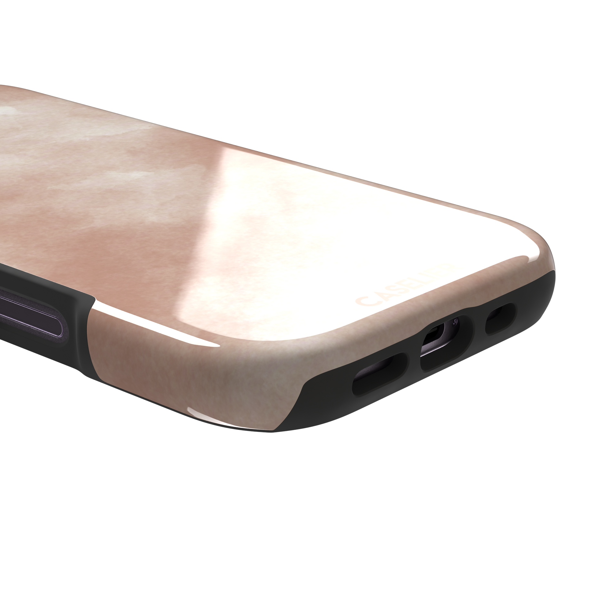 Peach watercolor wash phone case in warm blush and cream tones on an iPhone, phone case by Caselier — tough case, charging port detail