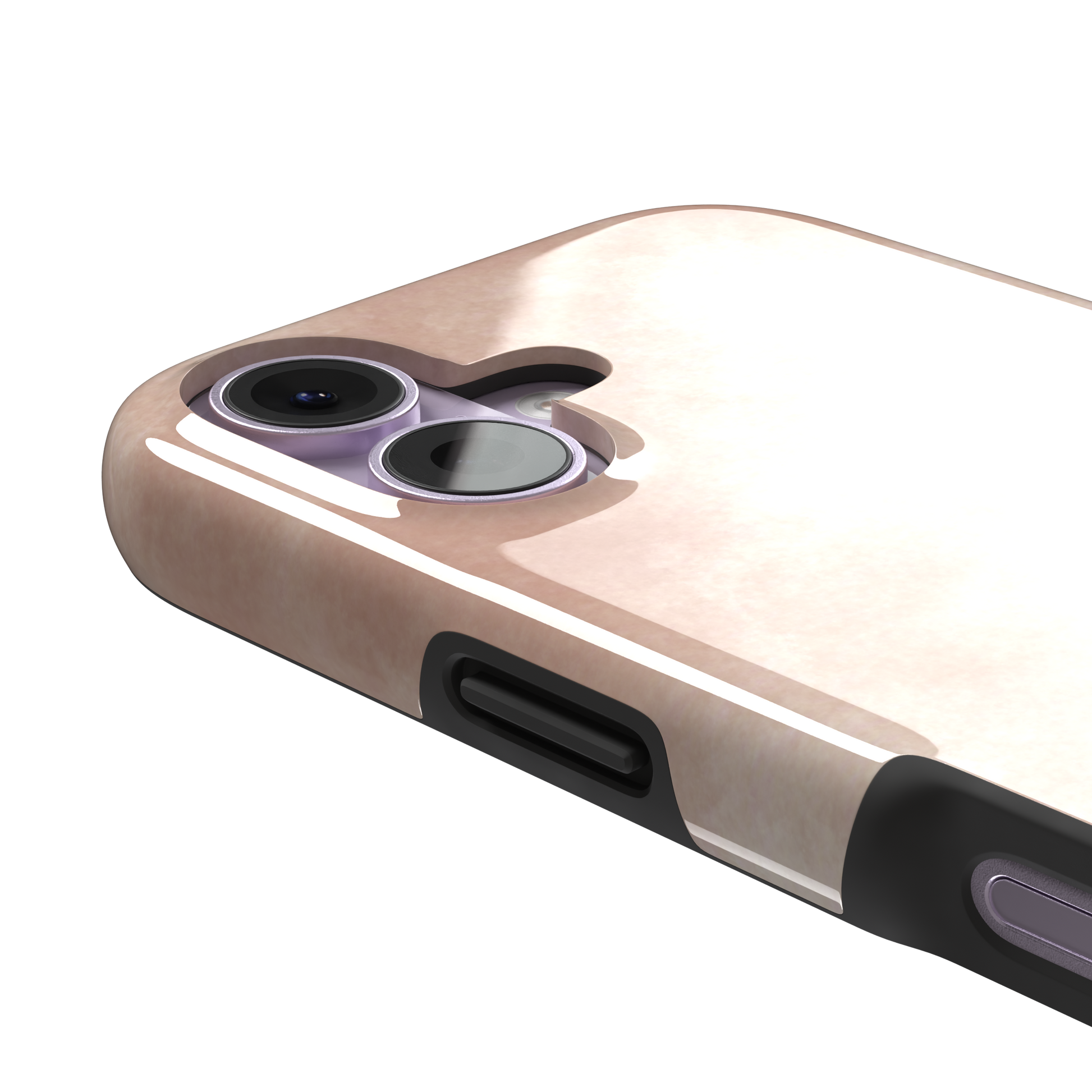 Peach watercolor wash phone case in warm blush and cream tones on an iPhone, phone case by Caselier — tough case, volume buttons detail