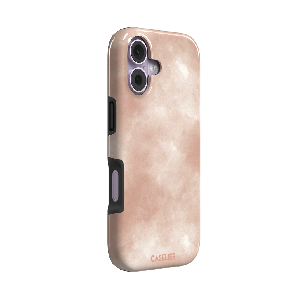 Peach watercolor wash phone case in warm blush and cream tones on an iPhone, phone case by Caselier — tough case, left view