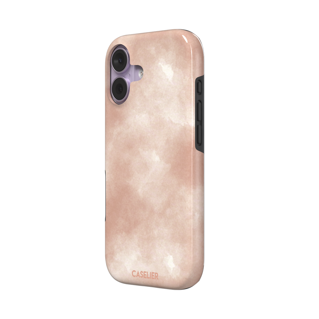 Peach watercolor wash phone case in warm blush and cream tones on an iPhone, phone case by Caselier — tough case, right view