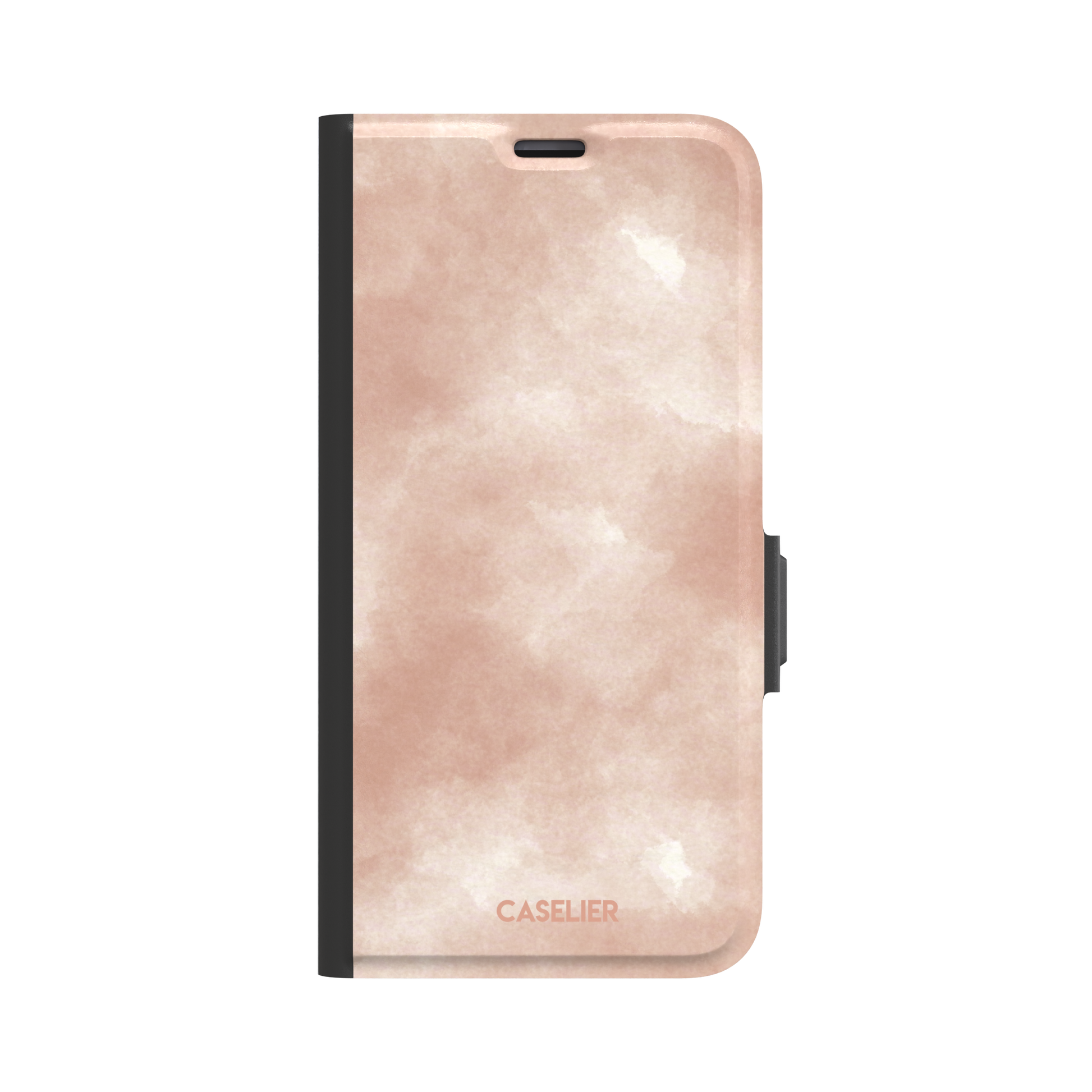 Peach watercolor wash phone case in warm blush and cream tones on an iPhone, phone case by Caselier — wallet case, front view