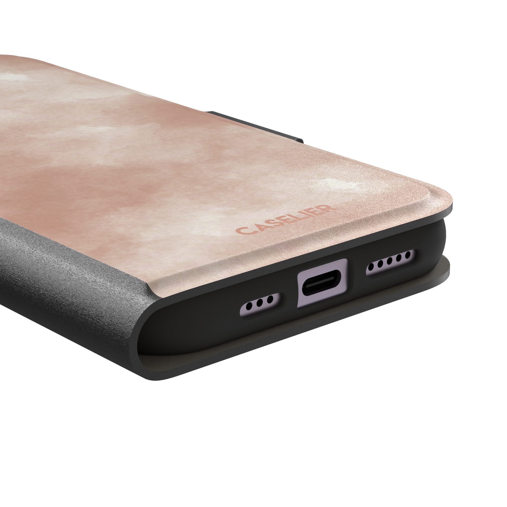 Peach watercolor wash phone case in warm blush and cream tones on an iPhone, phone case by Caselier — wallet case, charging port detail