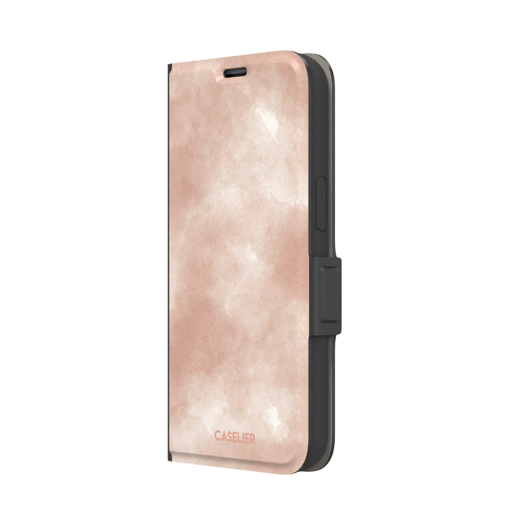 Peach watercolor wash phone case in warm blush and cream tones on an iPhone, phone case by Caselier — wallet case, right view