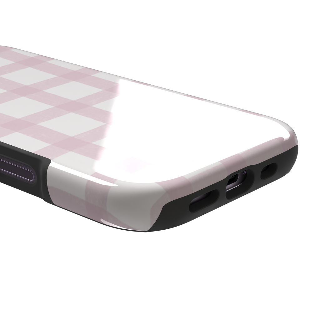 Pink Grid phone case featuring a soft blush pink gingham check pattern with hand-painted brushstroke edges on a white background, by Caselier — tough case, charging port detail