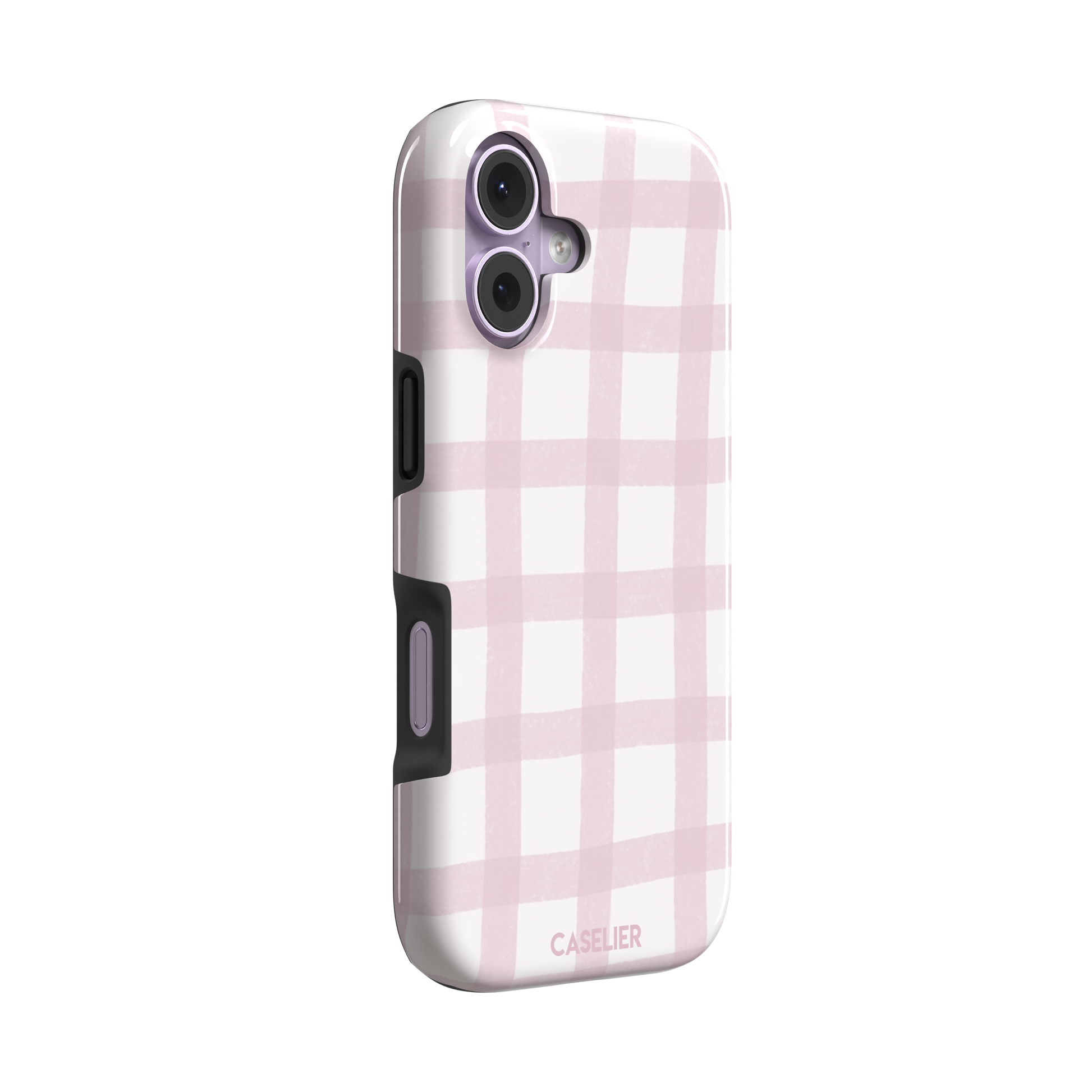 Pink Grid phone case featuring a soft blush pink gingham check pattern with hand-painted brushstroke edges on a white background, by Caselier — tough case, left view